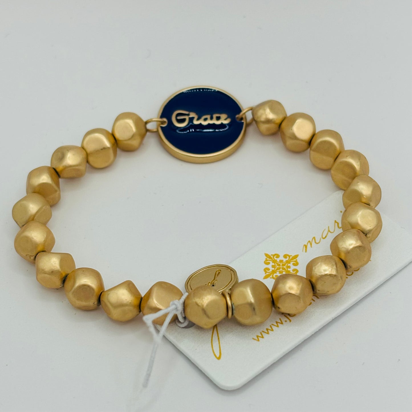 Square Cross on Pearl & Navy Blue Porcelain Beaded Bracelet • Grace Enamel Bracelet
