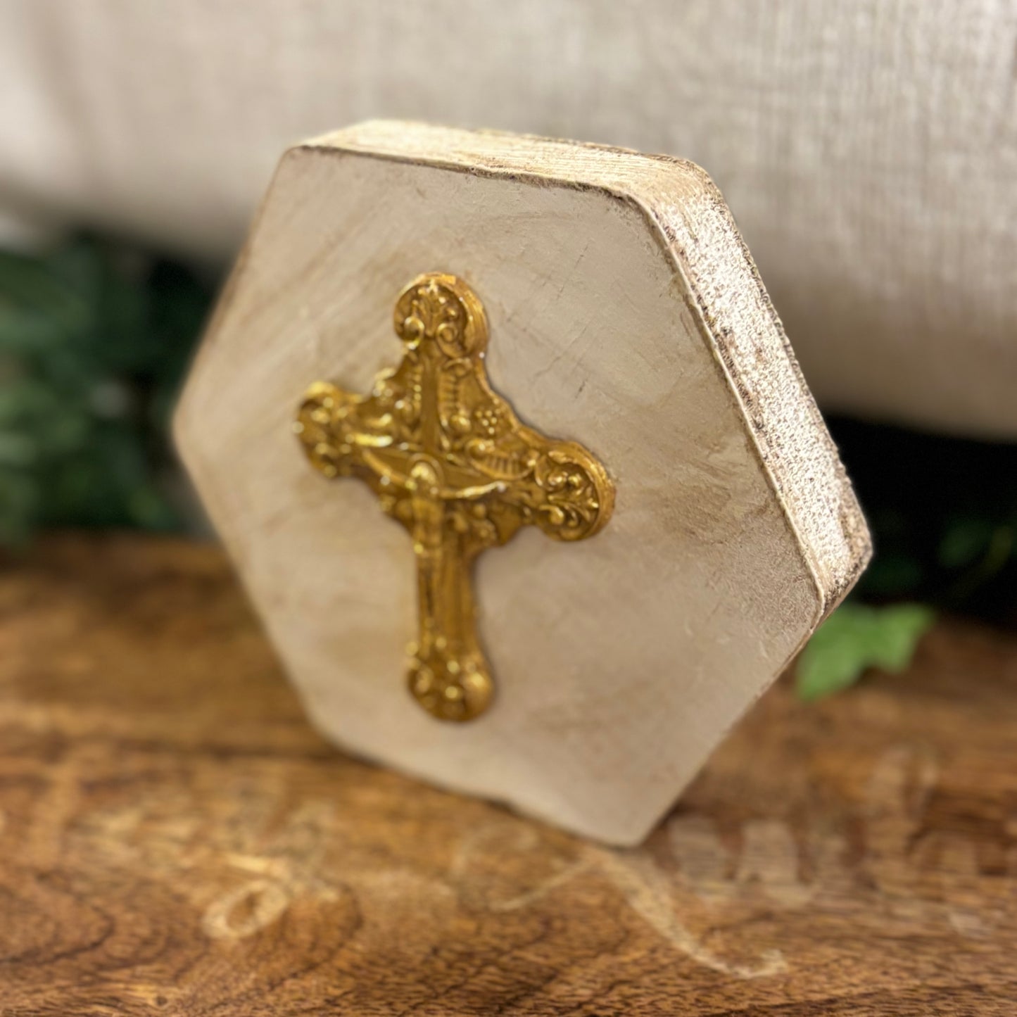 Hand Casted Cross in Gold on 4.5” x 4.5” Wood Slat