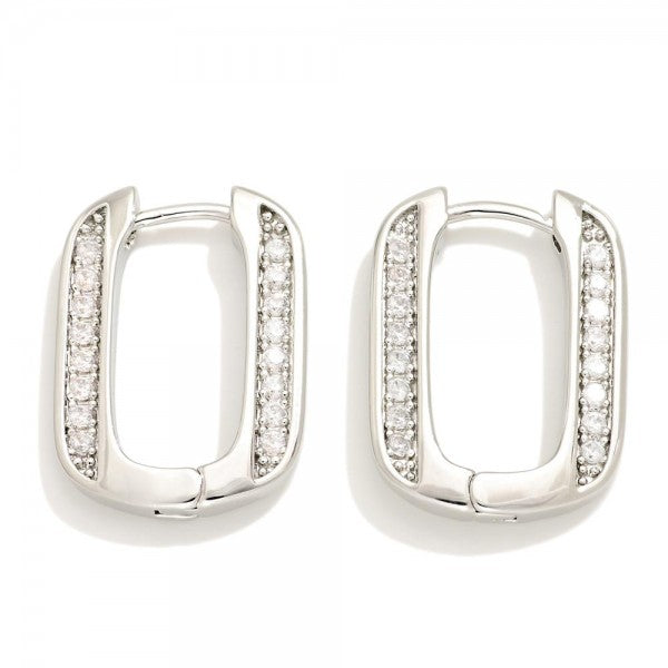 Cubic Zirconia Rounded Rectangle Huggie Hoop Earrings in Gold or Silver