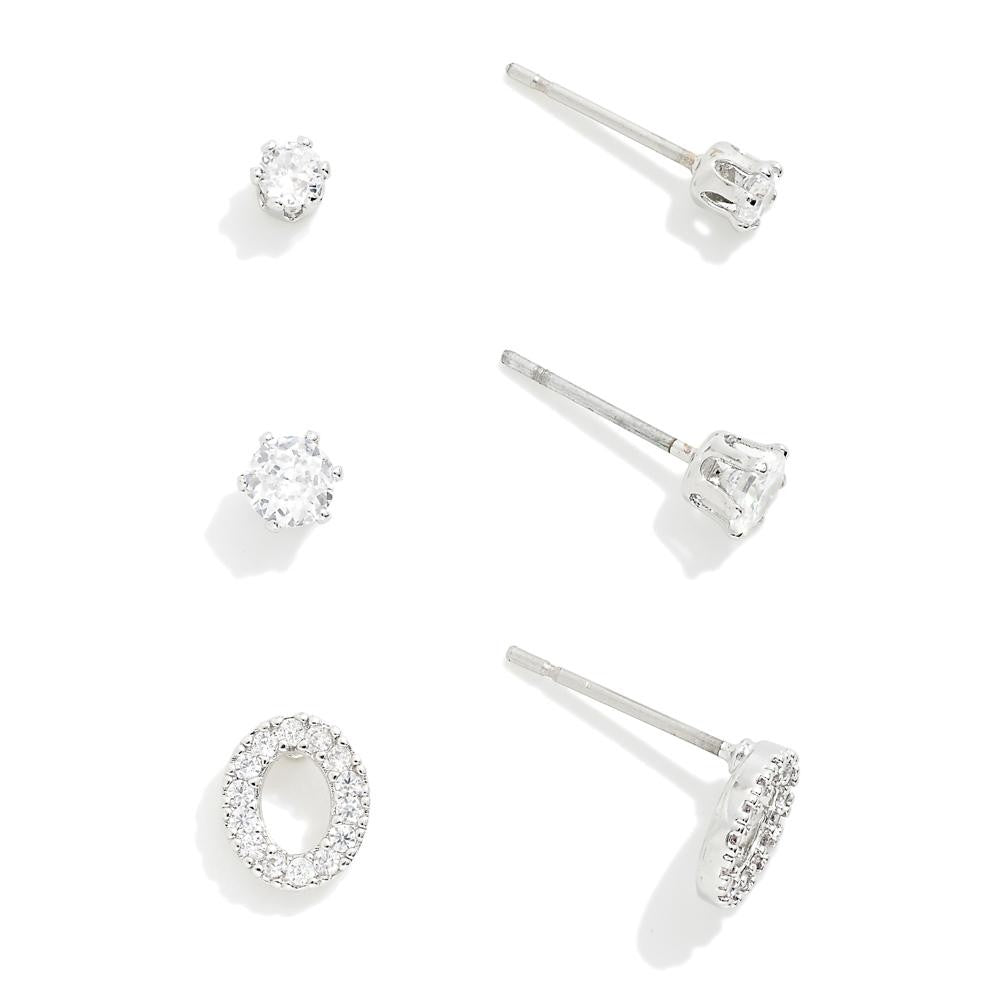 Single Pair or Set of Three Simple Cubic Zirconia Stud Earrings With a Set of Open Circle Studs