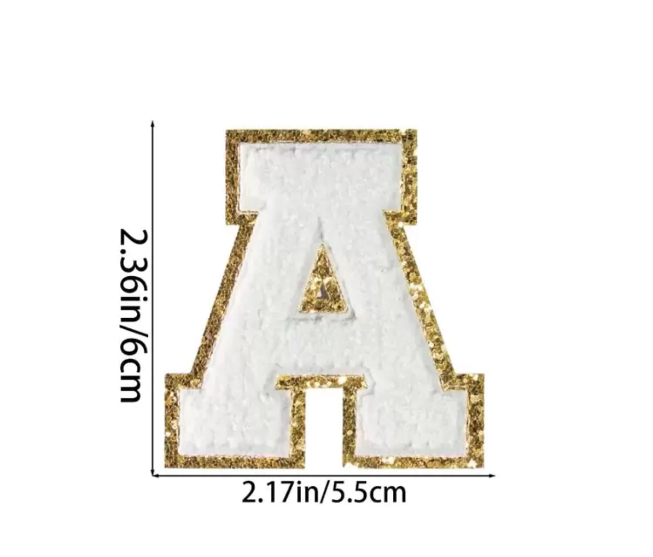 Chenille Stick On Letter Patch White Trimmed in Gold