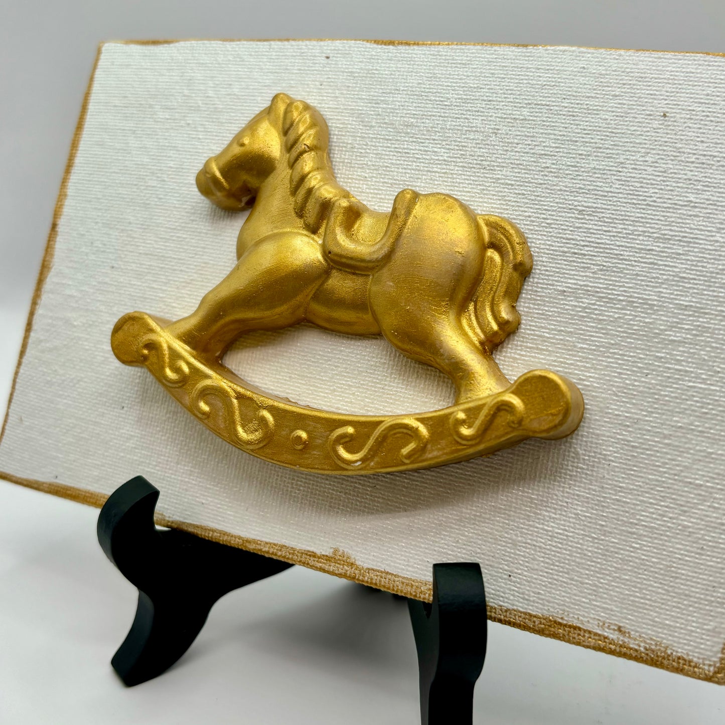 Hand Casted Gold Rocking Horse or Baby Carriage on 4” x 6” Canvas & Easel