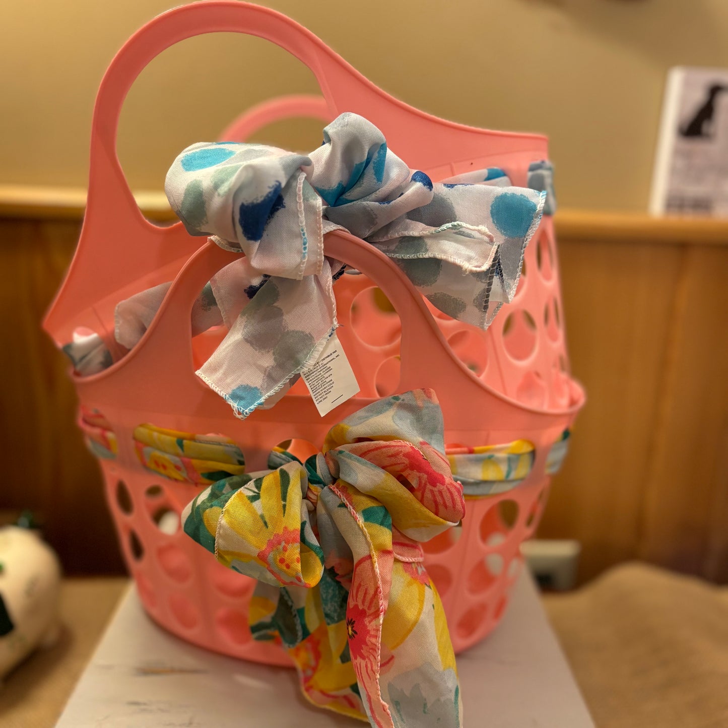 Pink Basket with Functional Scarf Threaded Through