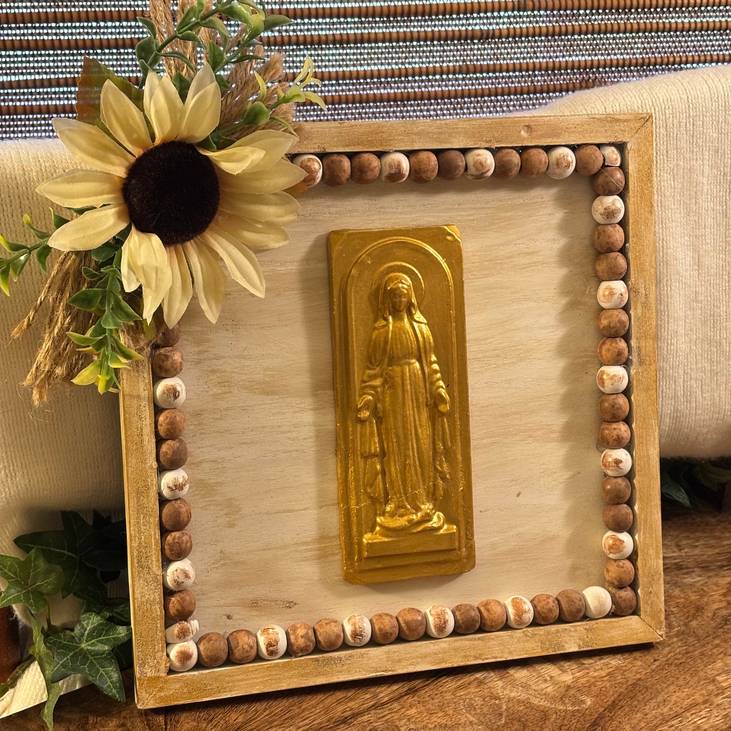 Casted Gold Virgin Mary on Beaded Wood Frame