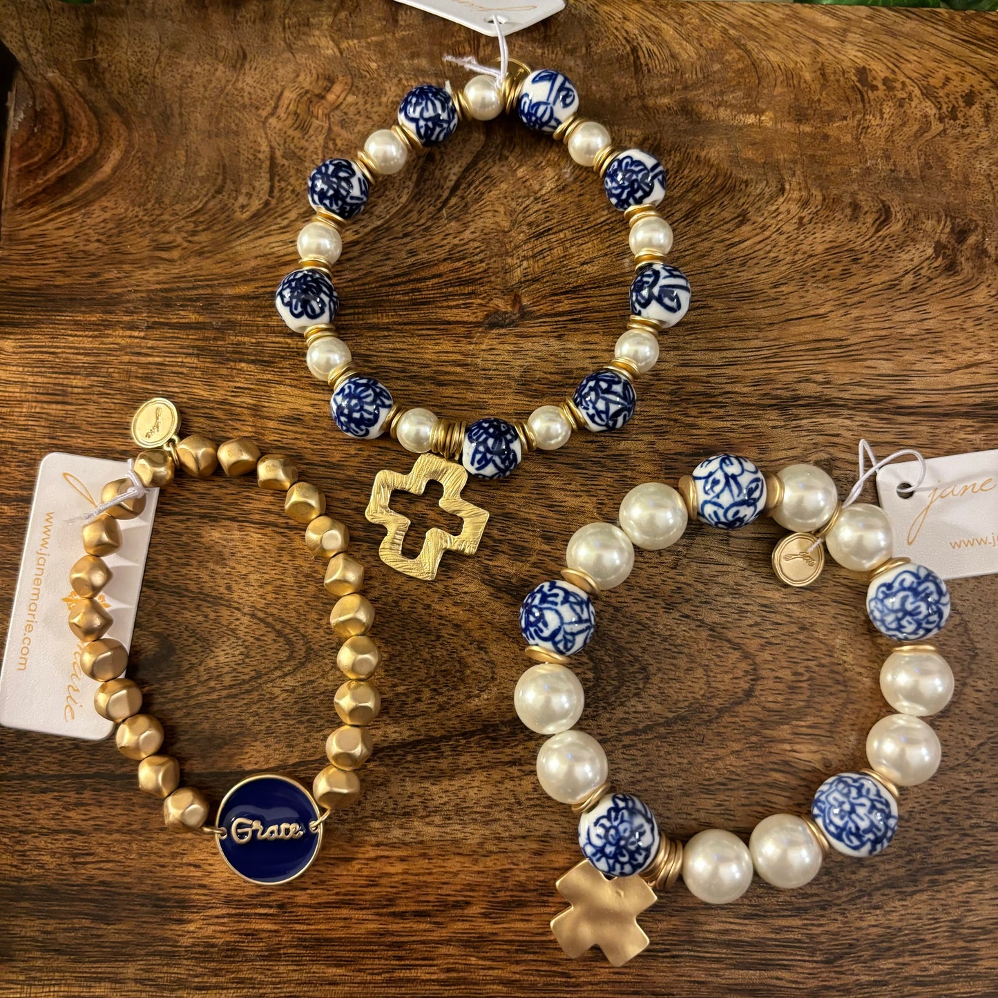 Square Cross on Pearl & Navy Blue Porcelain Beaded Bracelet • Grace Enamel Bracelet