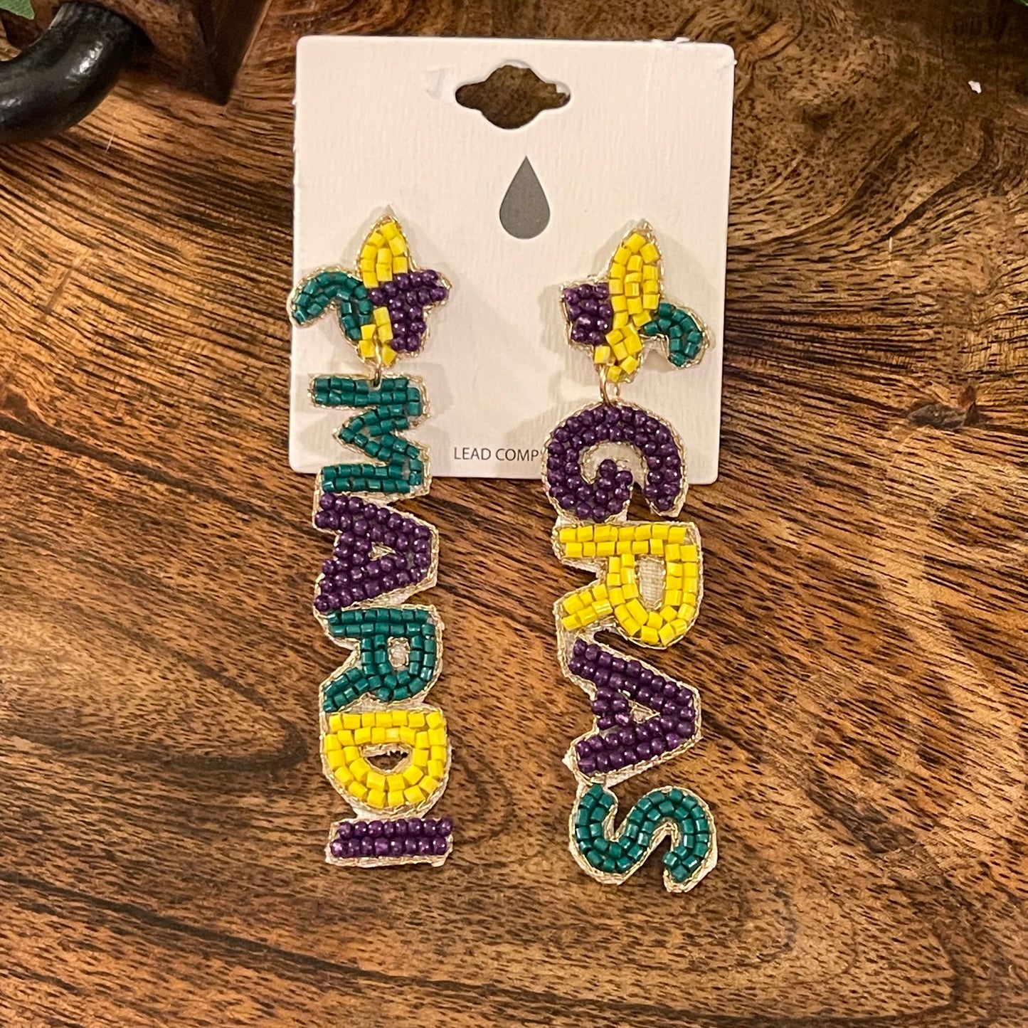 Mardi Gras Seed Bead Drop Earrings