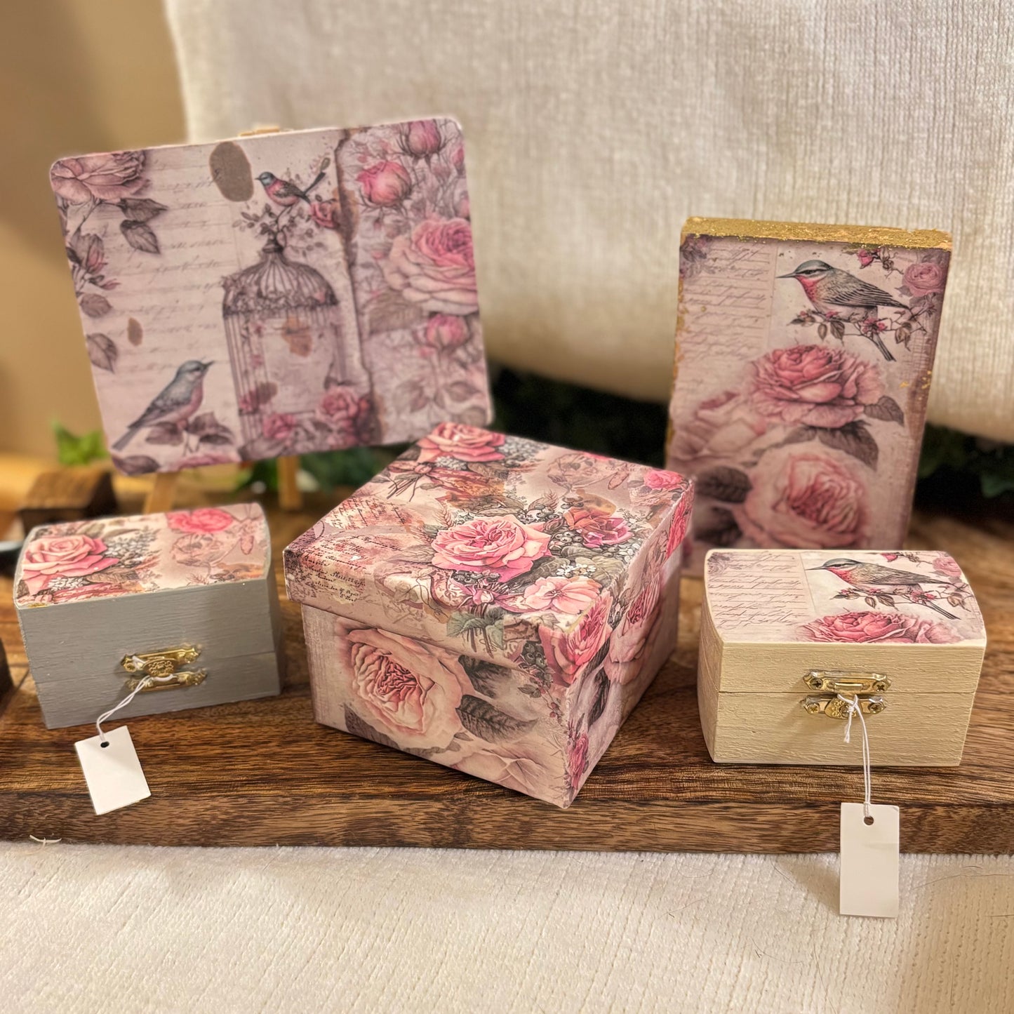 Handcrafted Decoupage Wood Slat • Easel • Box Decor • 4” x 4” Box • Lantern with Floral Decor