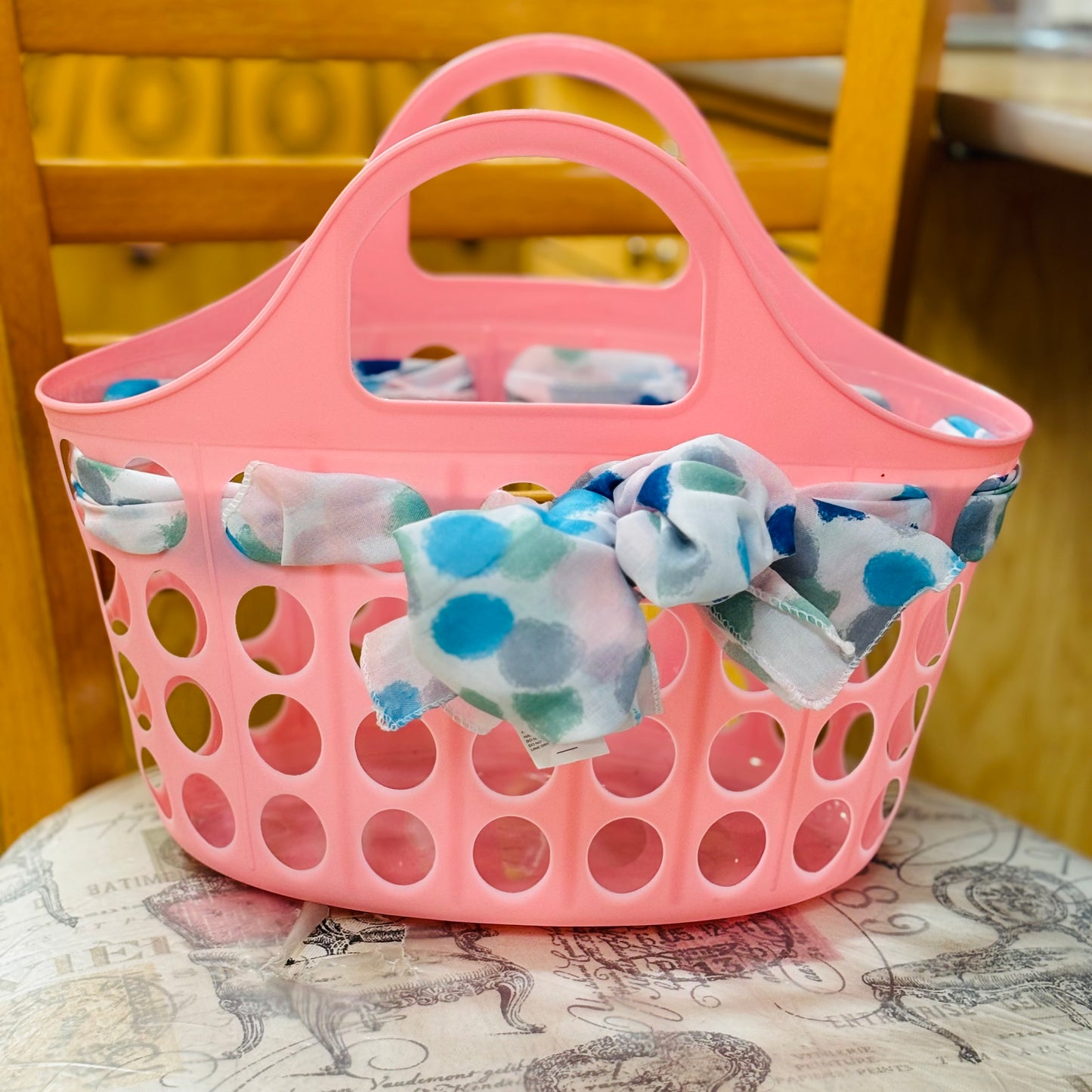 Pink Basket with Functional Scarf Threaded Through