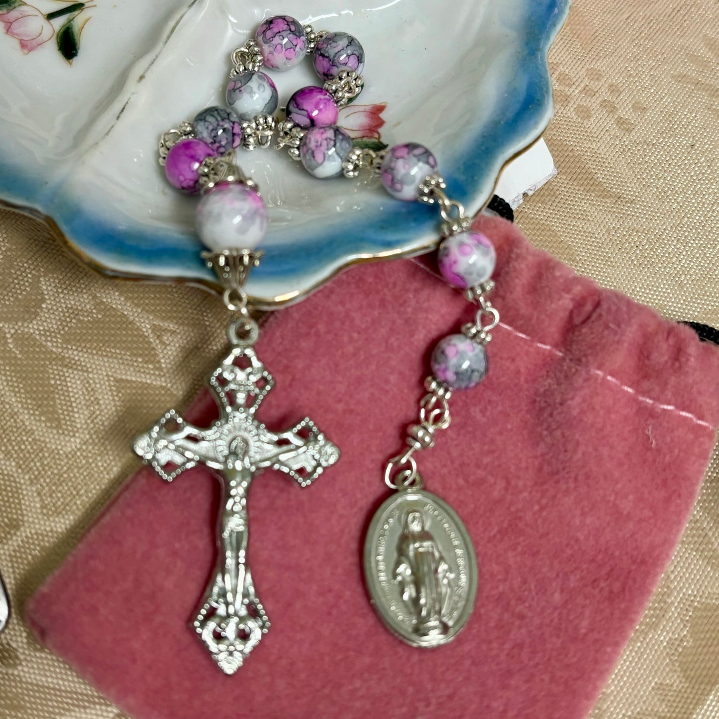 Pink Marble Pocket Rosary & Velvet Pouch