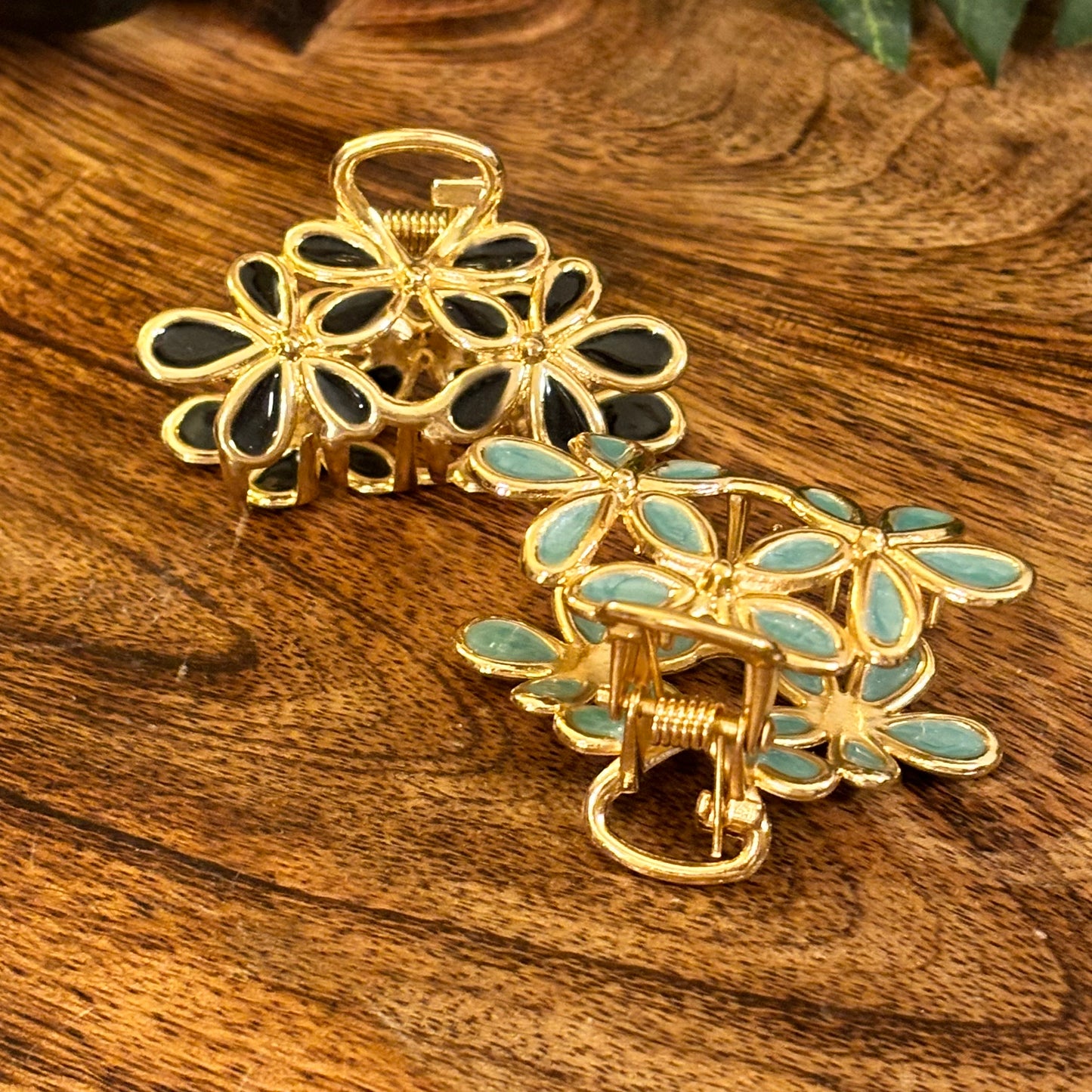 Gold Hair Claw Clip with Enamel Design in Black or Light Blue