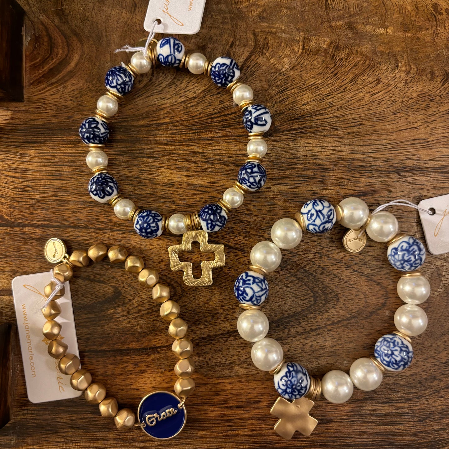 Square Cross on Pearl & Navy Blue Porcelain Beaded Bracelet • Grace Enamel Bracelet