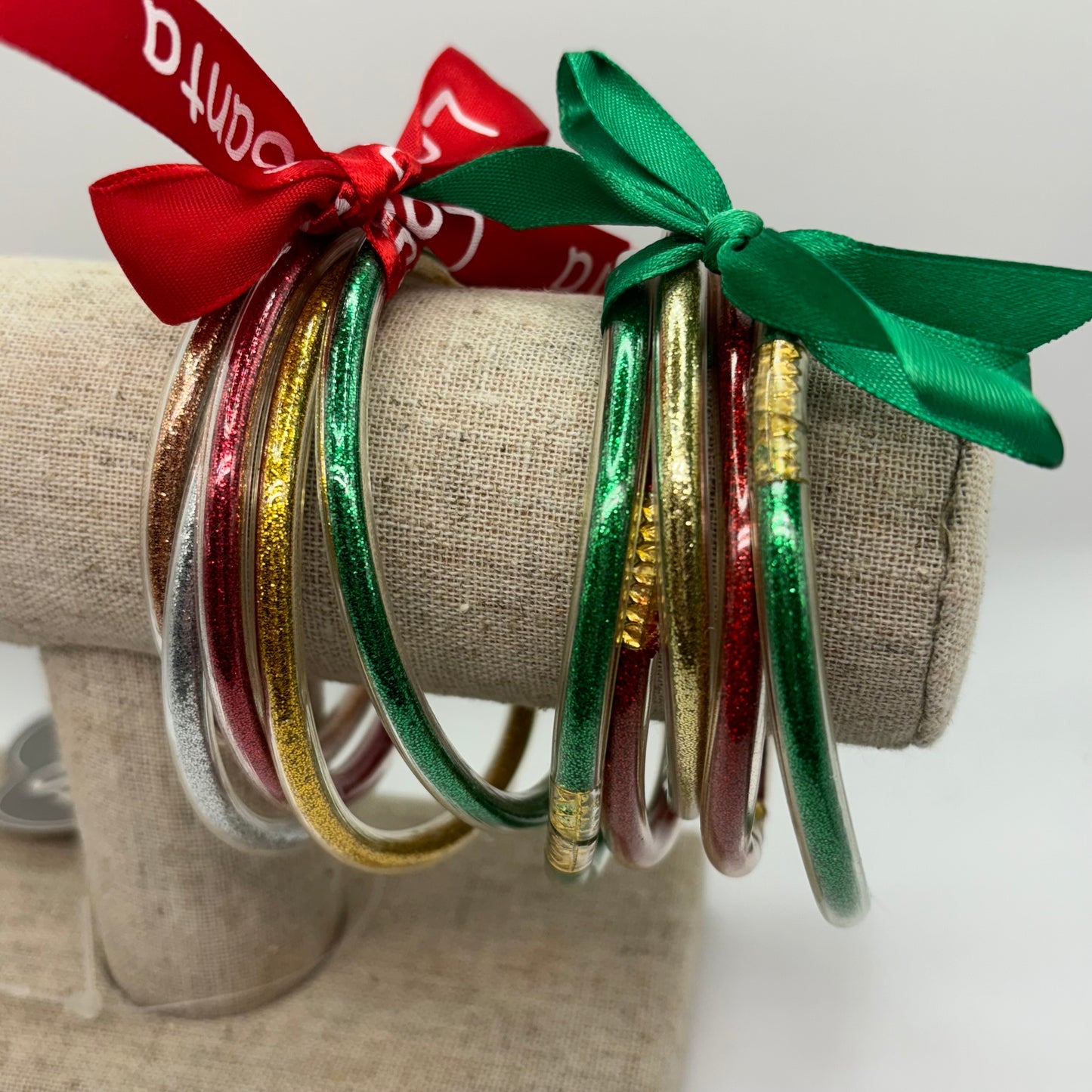 Christmas Glitter Jelly Bangle Bracelet Stacks • Green Ribbon