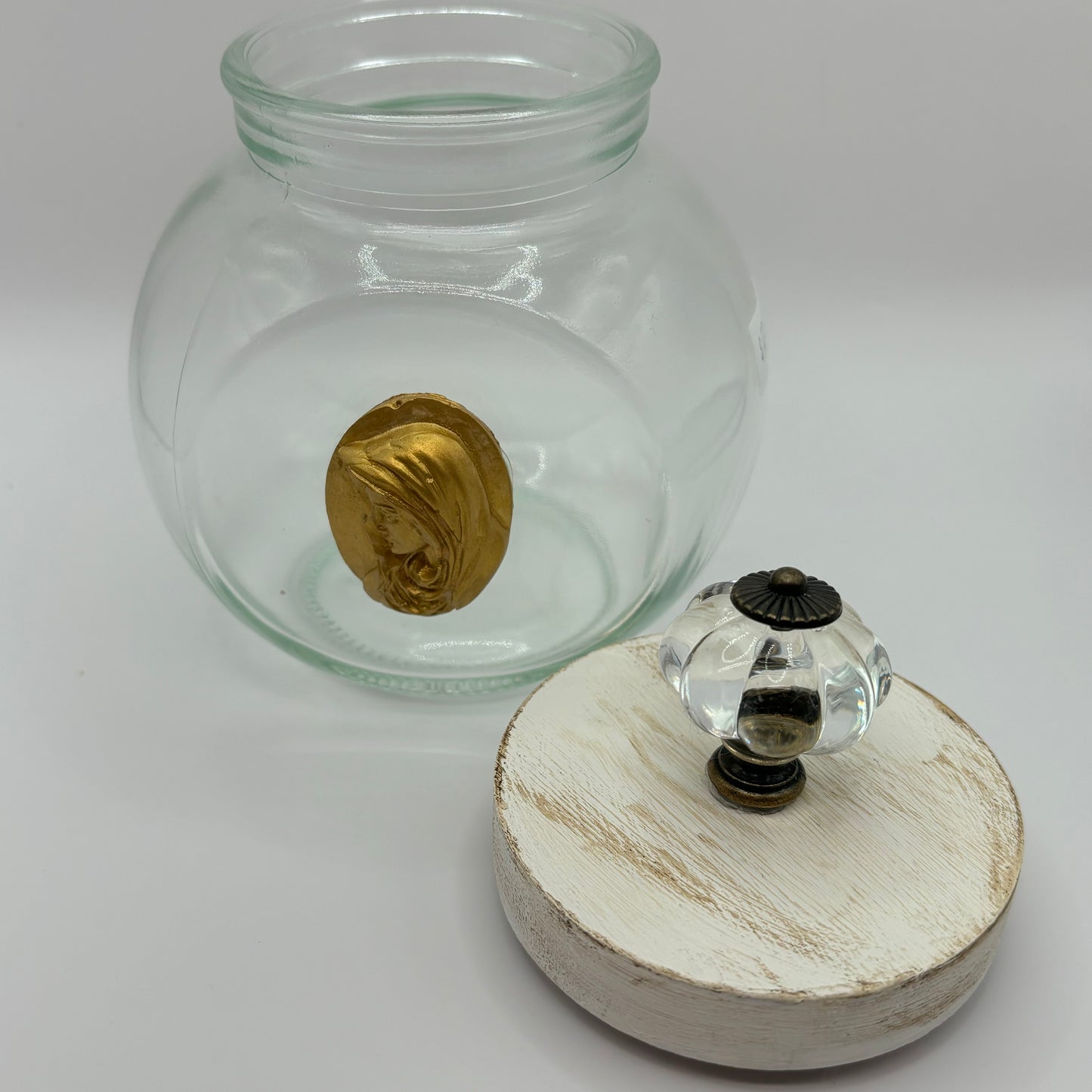 The Virgin Mary Intaglio on Glass Jar with Lid