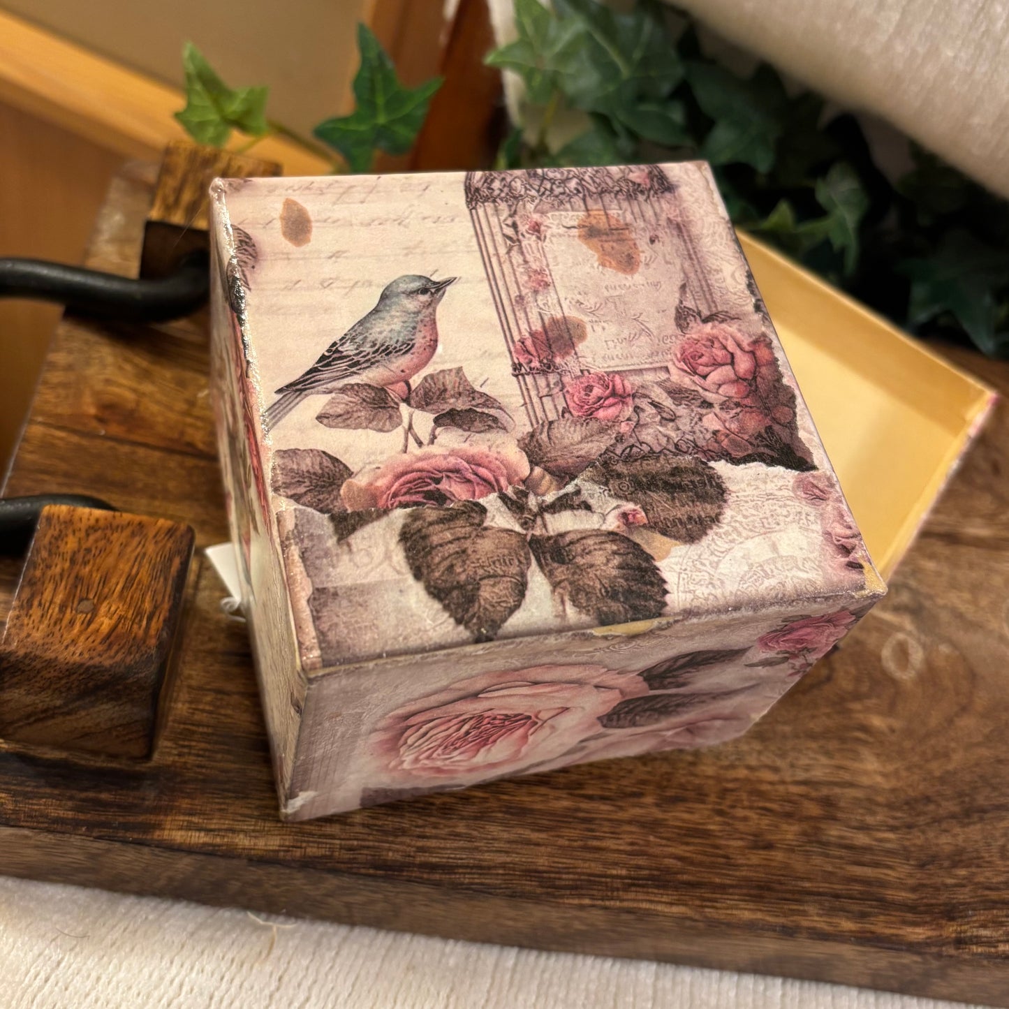 Handcrafted Decoupage Wood Slat • Easel • Box Decor • 4” x 4” Box • Lantern with Floral Decor