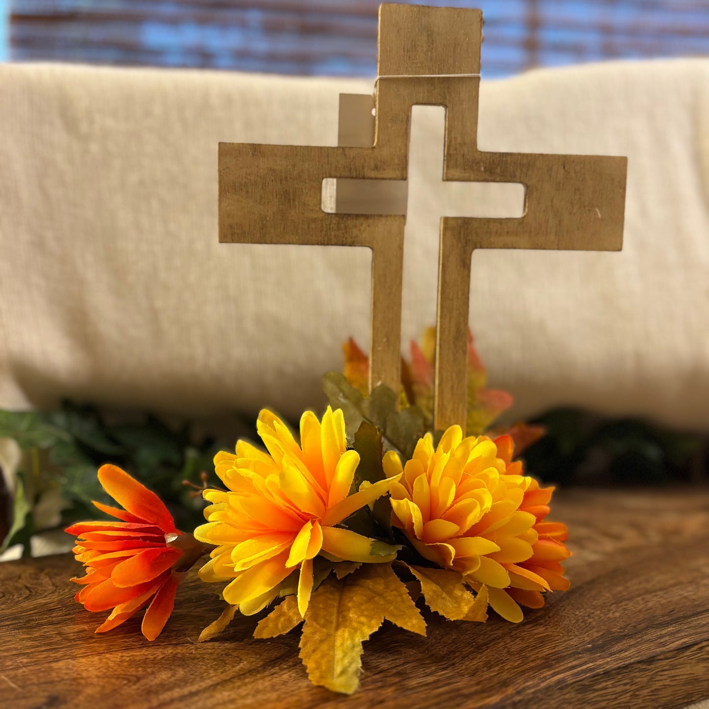 Fall Florals on Stained Wood Cross or Tin Truck with Fall Floral