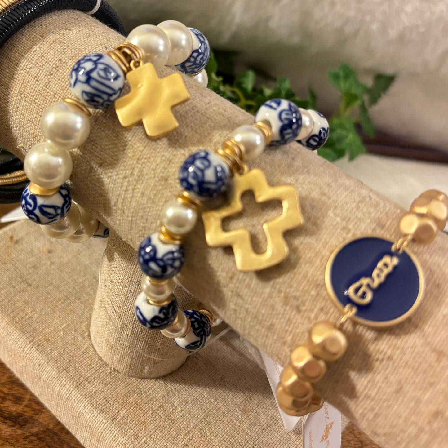 Square Cross on Pearl & Navy Blue Porcelain Beaded Bracelet • Grace Enamel Bracelet