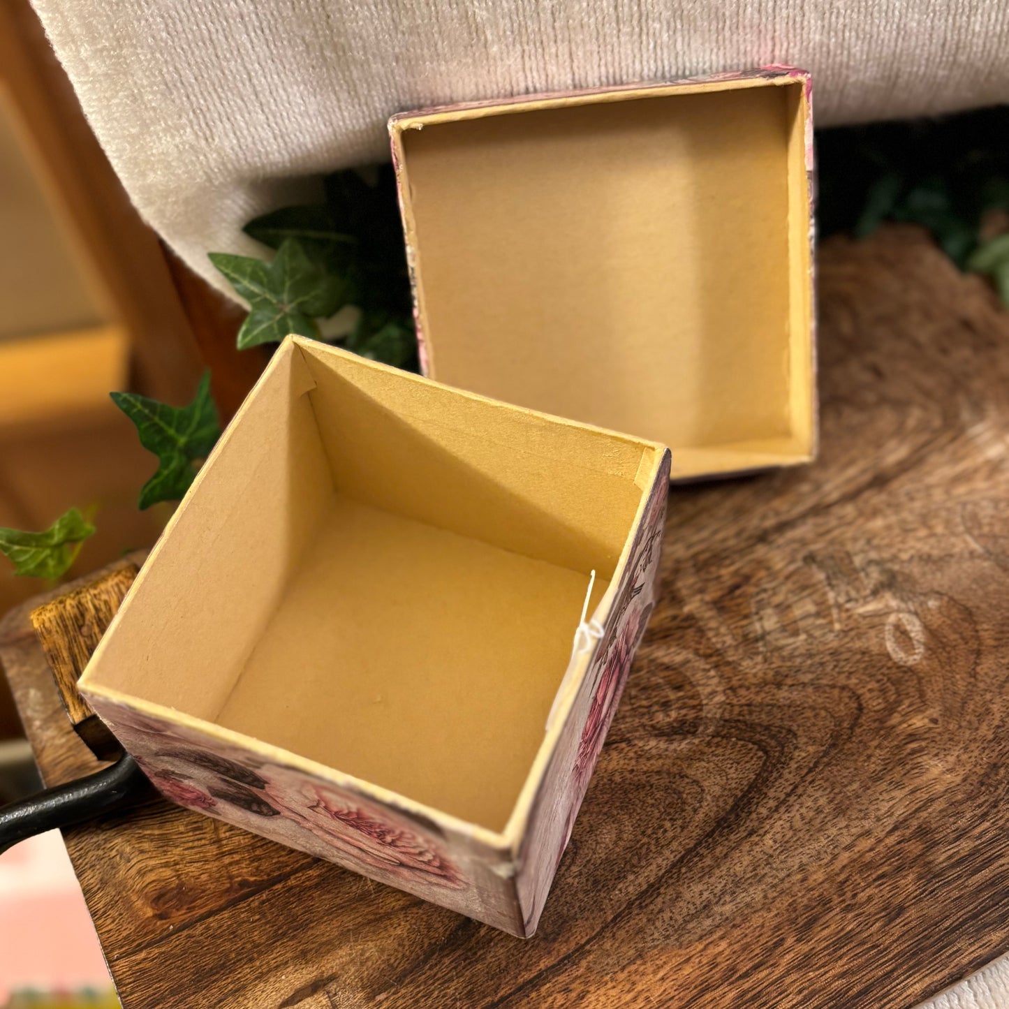 Handcrafted Decoupage Wood Slat • Easel • Box Decor • 4” x 4” Box • Lantern with Floral Decor