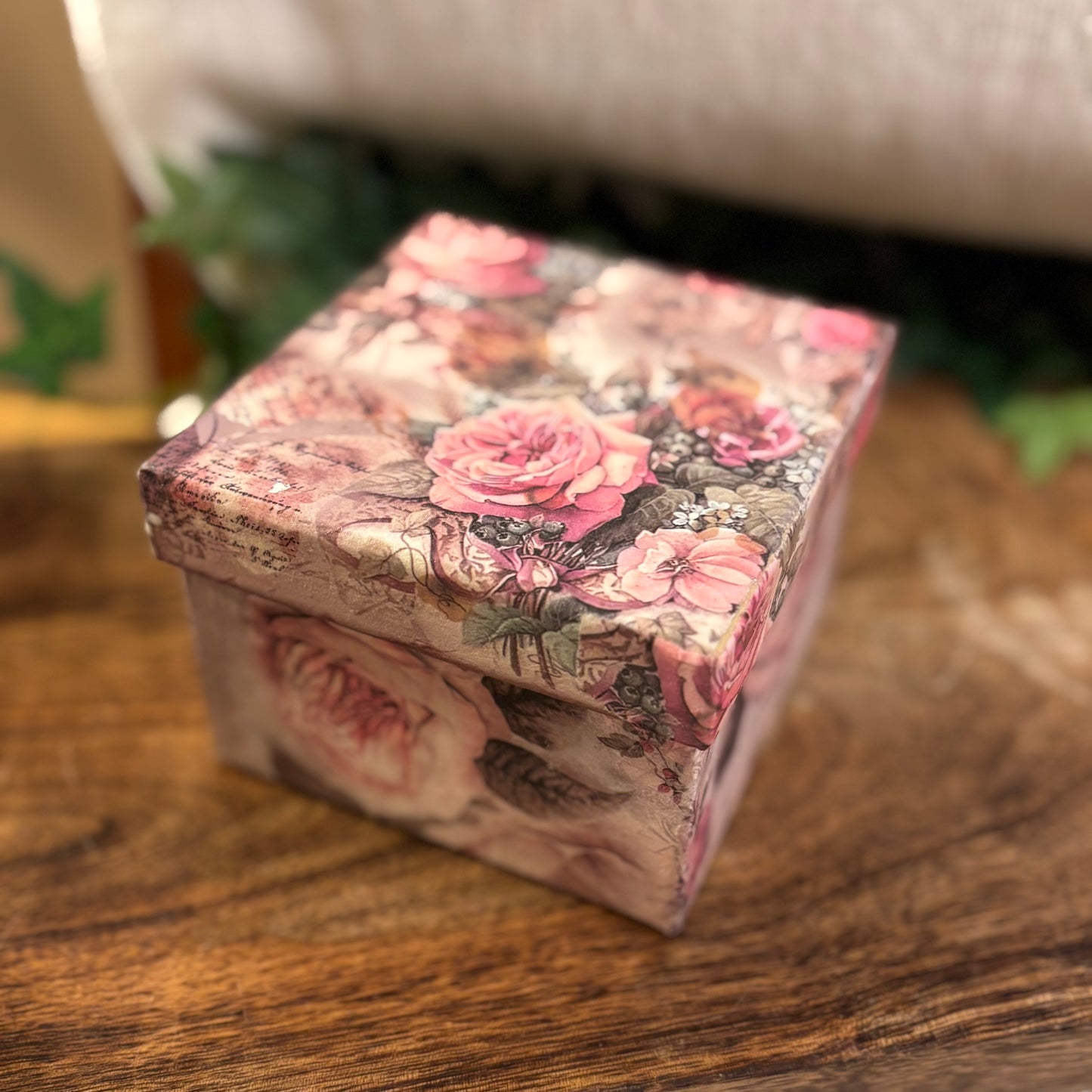 Handcrafted Decoupage Wood Slat • Easel • Box Decor • 4” x 4” Box • Lantern with Floral Decor