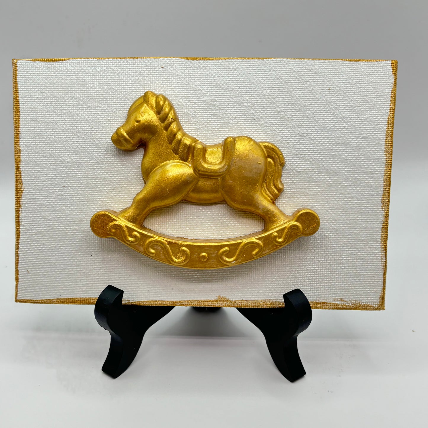 Hand Casted Gold Rocking Horse or Baby Carriage on 4” x 6” Canvas & Easel