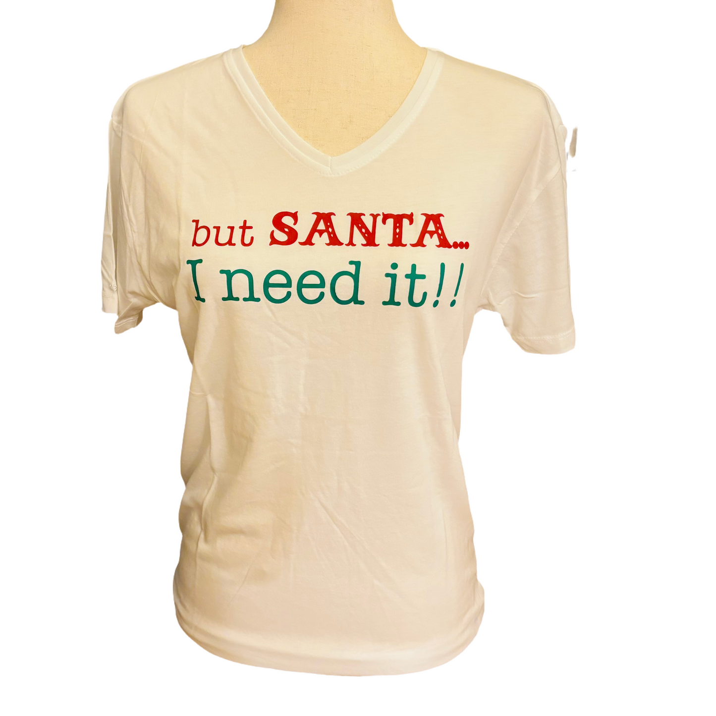 “But Santa” V-Neck T-Shirt For Women White/Red/Dark Green
