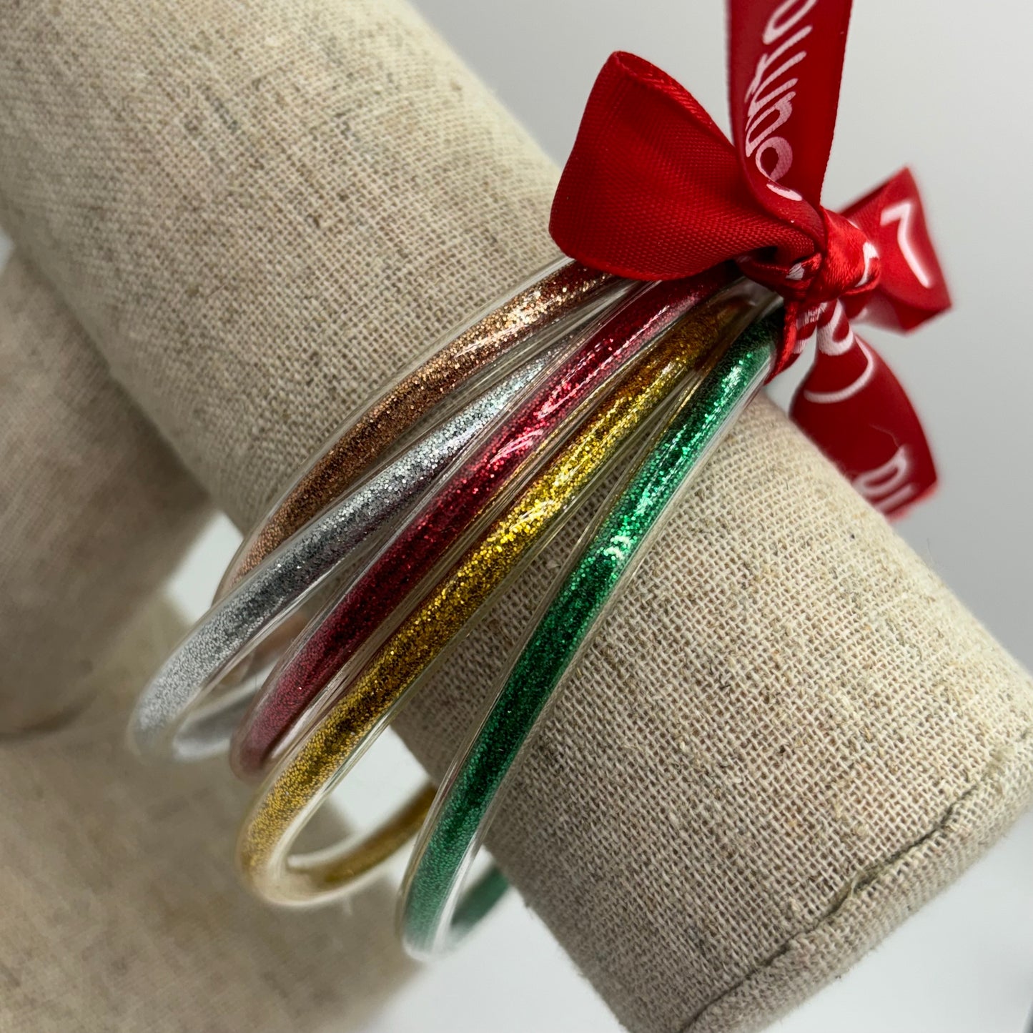 Christmas Glitter Jelly Bangle Bracelet Stacks • Green Ribbon