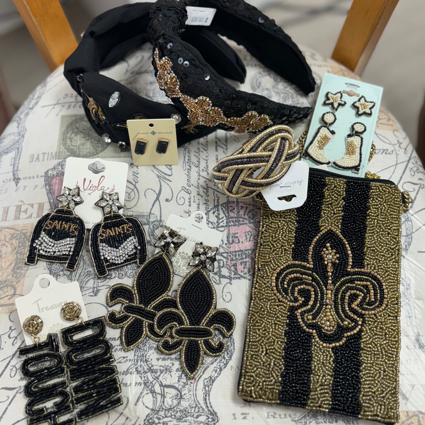GameDay: Black and Gold Fleur de Lis Seed Bead Statement Earrings