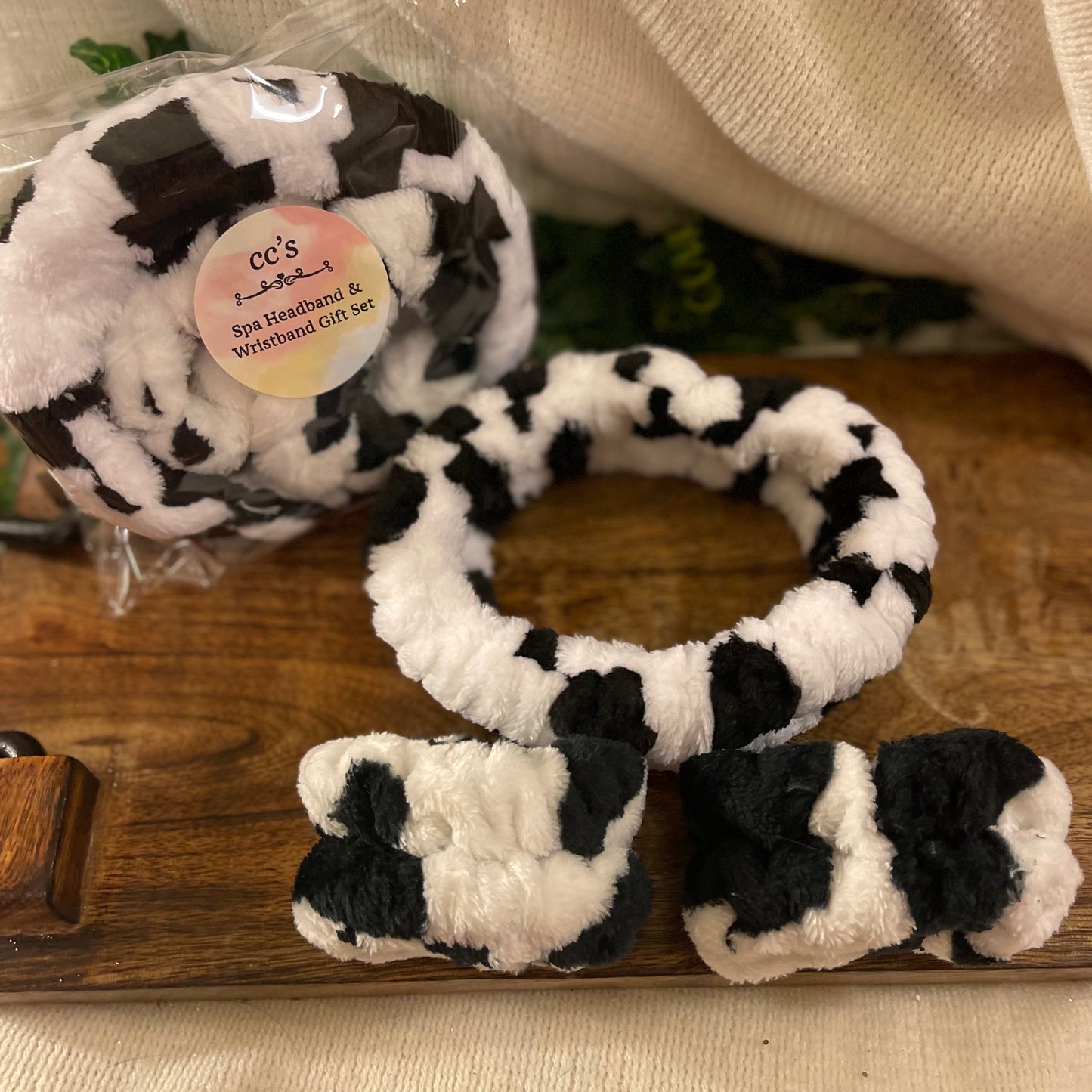Spa Headband and Wristlet Set • Cow Print