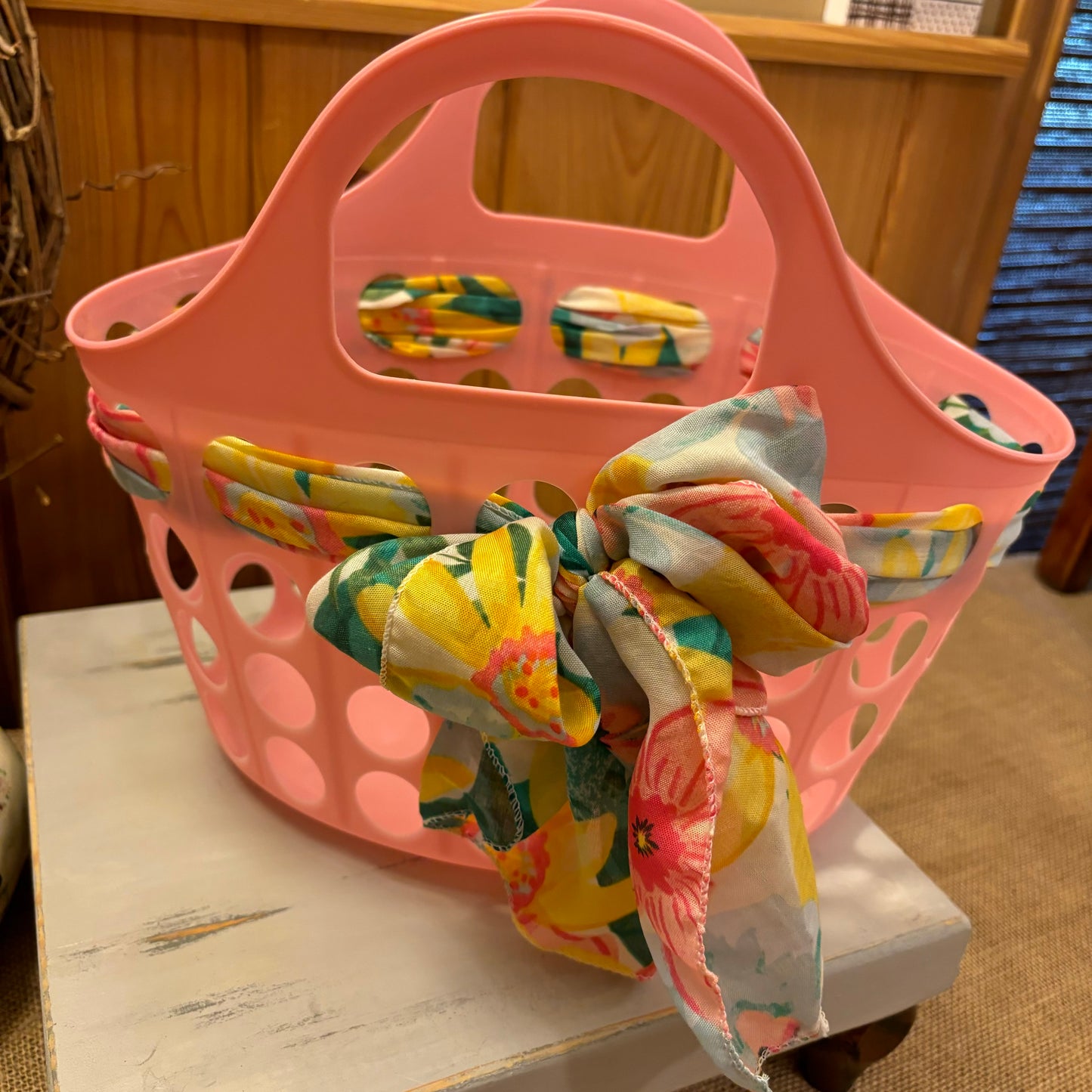 Pink Basket with Functional Scarf Threaded Through