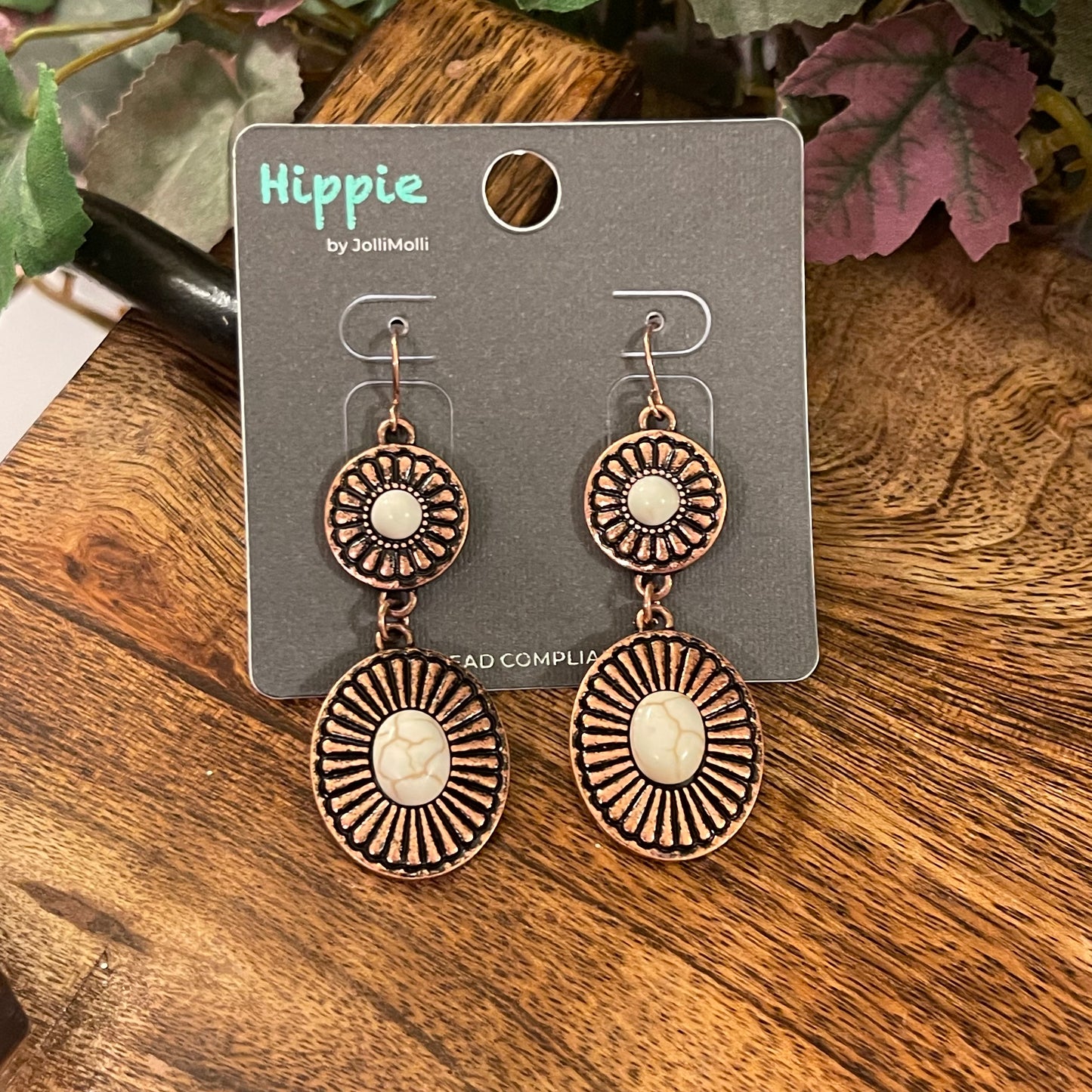 Copper Tone and White Stone Dangle Earrings