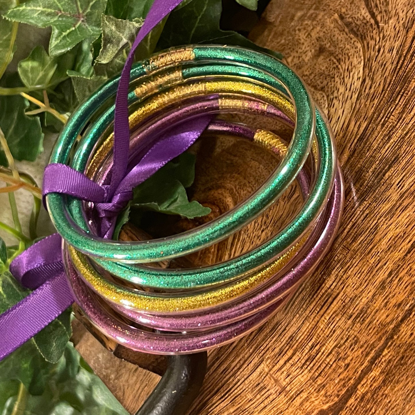Mardi Gras Glitter Jelly Bangle Bracelet Stack
