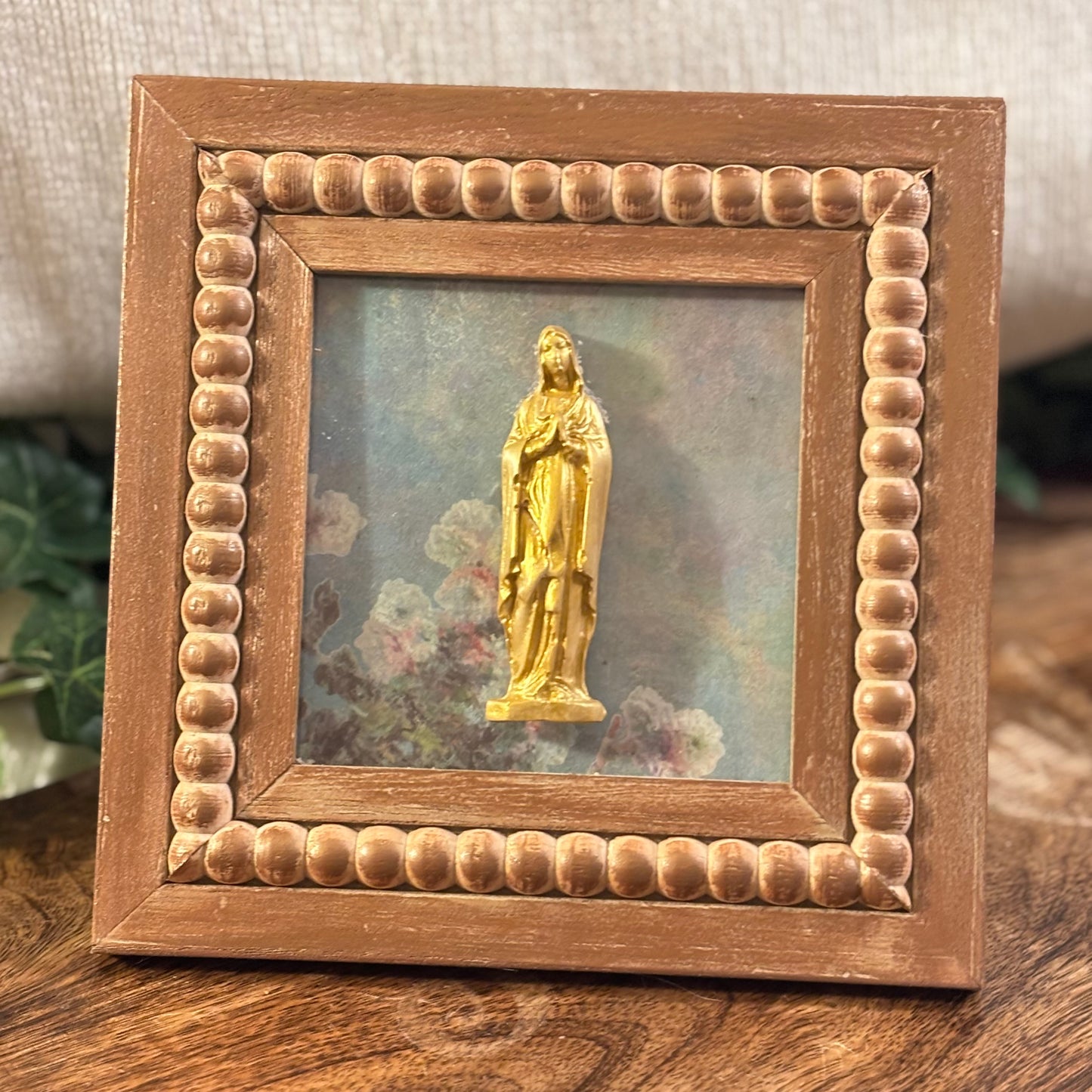 Casted Gold Virgin Mary on Beaded Wood Frame