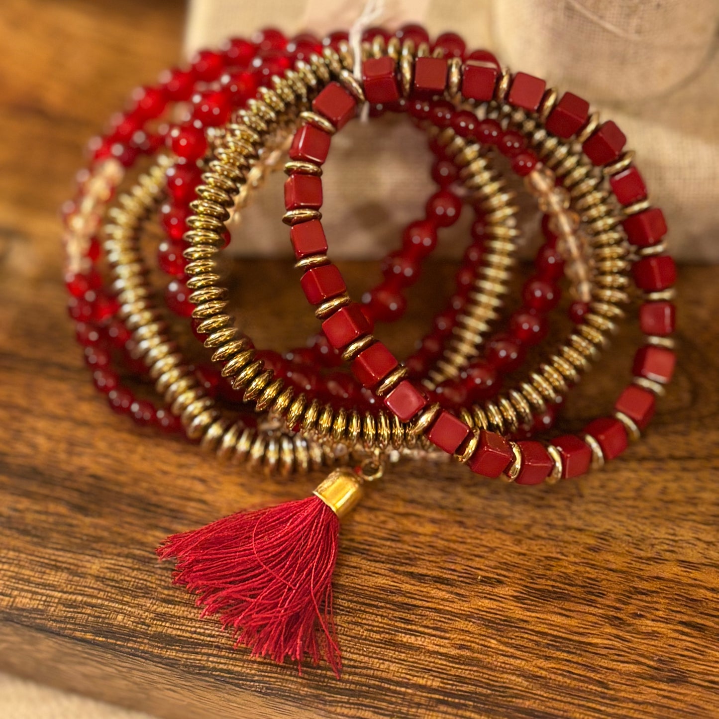 Bracelets - Red and Gold Accent Stretch Bracelet Set