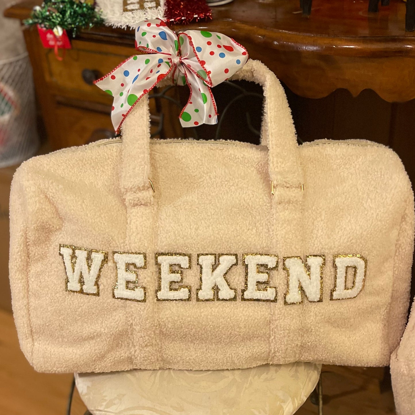 Sherpa Duffle Bag with Chenille Lettering or Sherpa Backpack