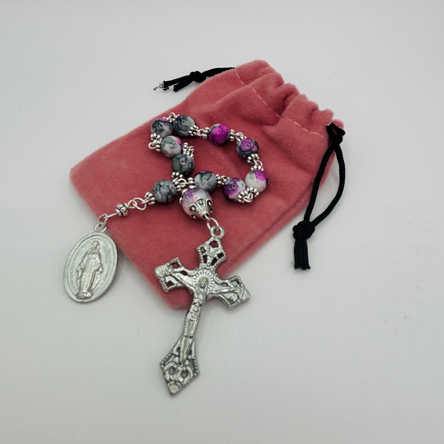 Pink Marble Pocket Rosary & Velvet Pouch