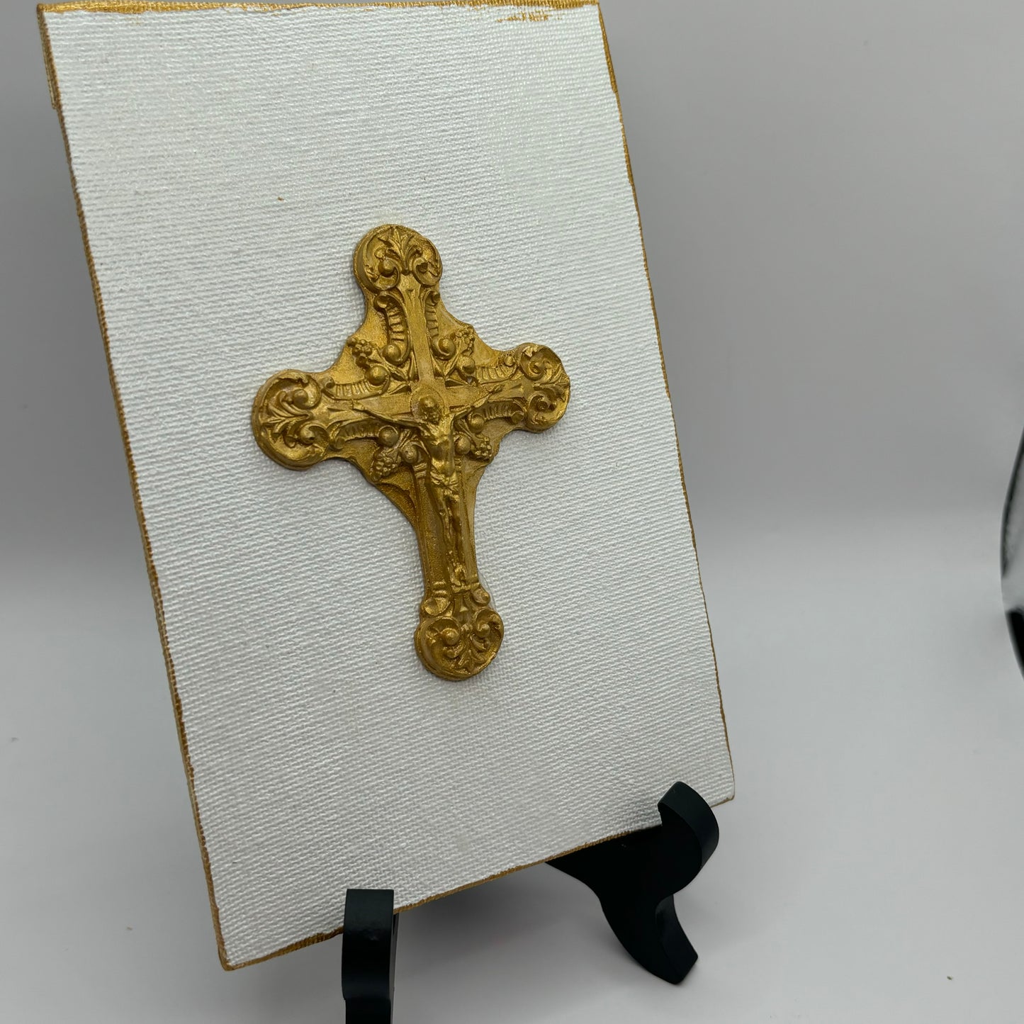 Hand Casted Gold Cross on 4” x 6” Canvas & Easel