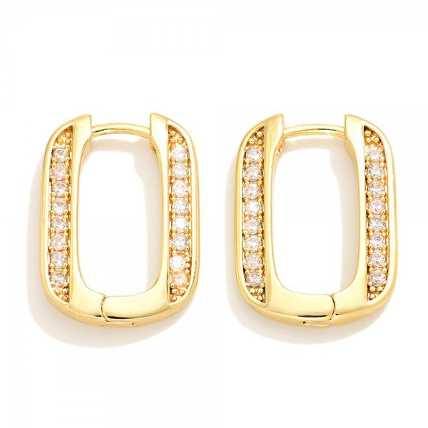 Cubic Zirconia Rounded Rectangle Huggie Hoop Earrings in Gold or Silver