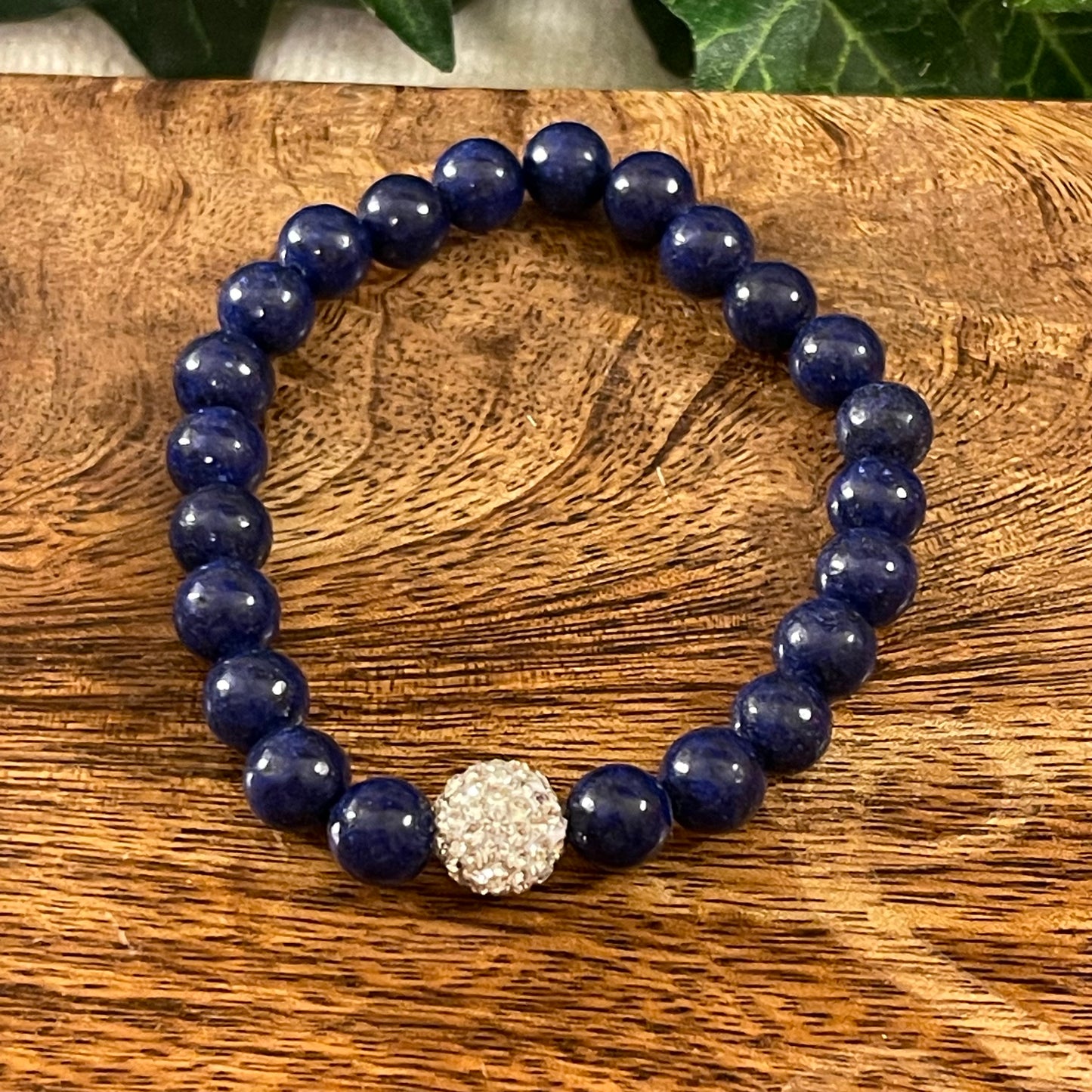 Bracelets - Navy Blue Beaded Stretch Bracelet With Rhinestone Accents