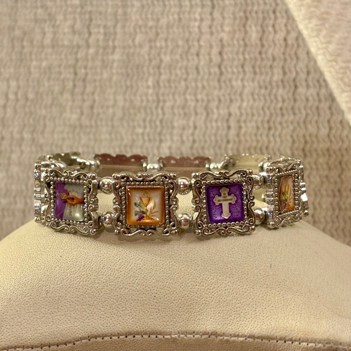 First Communion Stretch Bracelet Silver with Vibrant Enamel Tiles