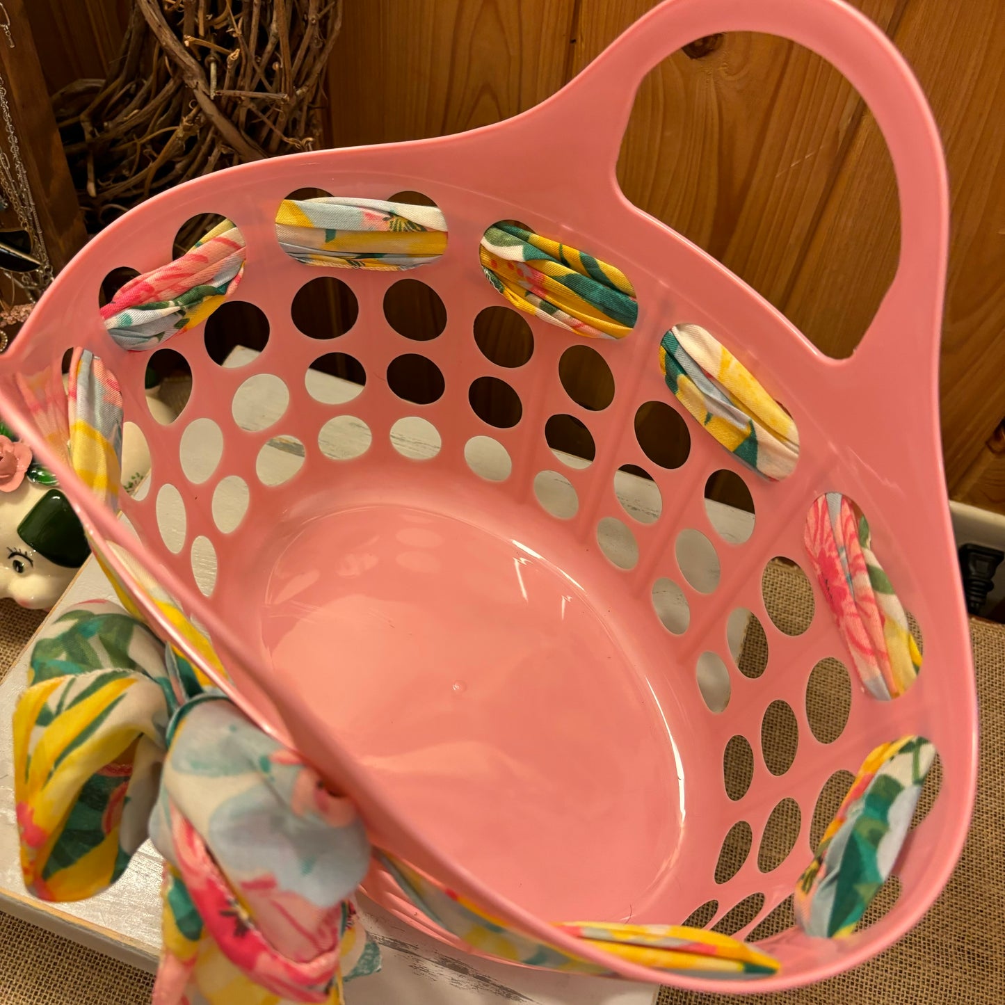 Pink Basket with Functional Scarf Threaded Through