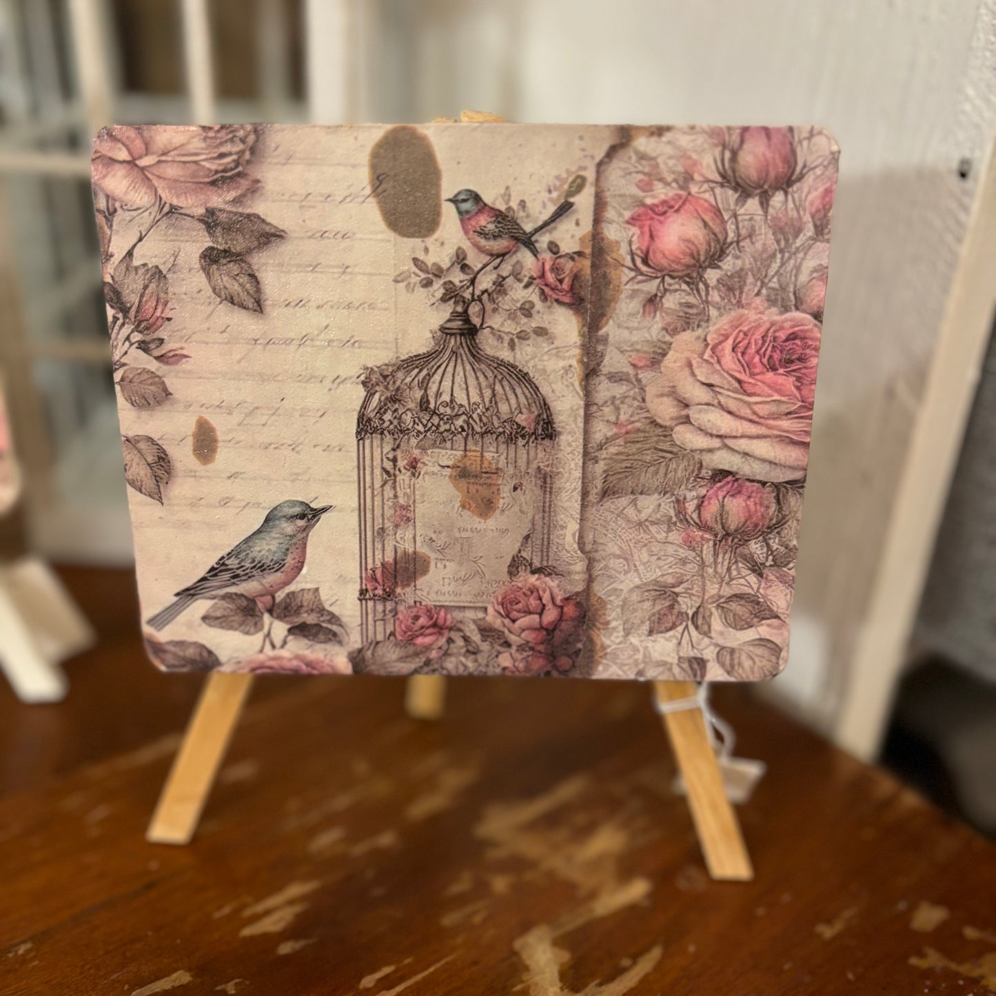 Handcrafted Decoupage Wood Slat • Easel • Box Decor • 4” x 4” Box • Lantern with Floral Decor