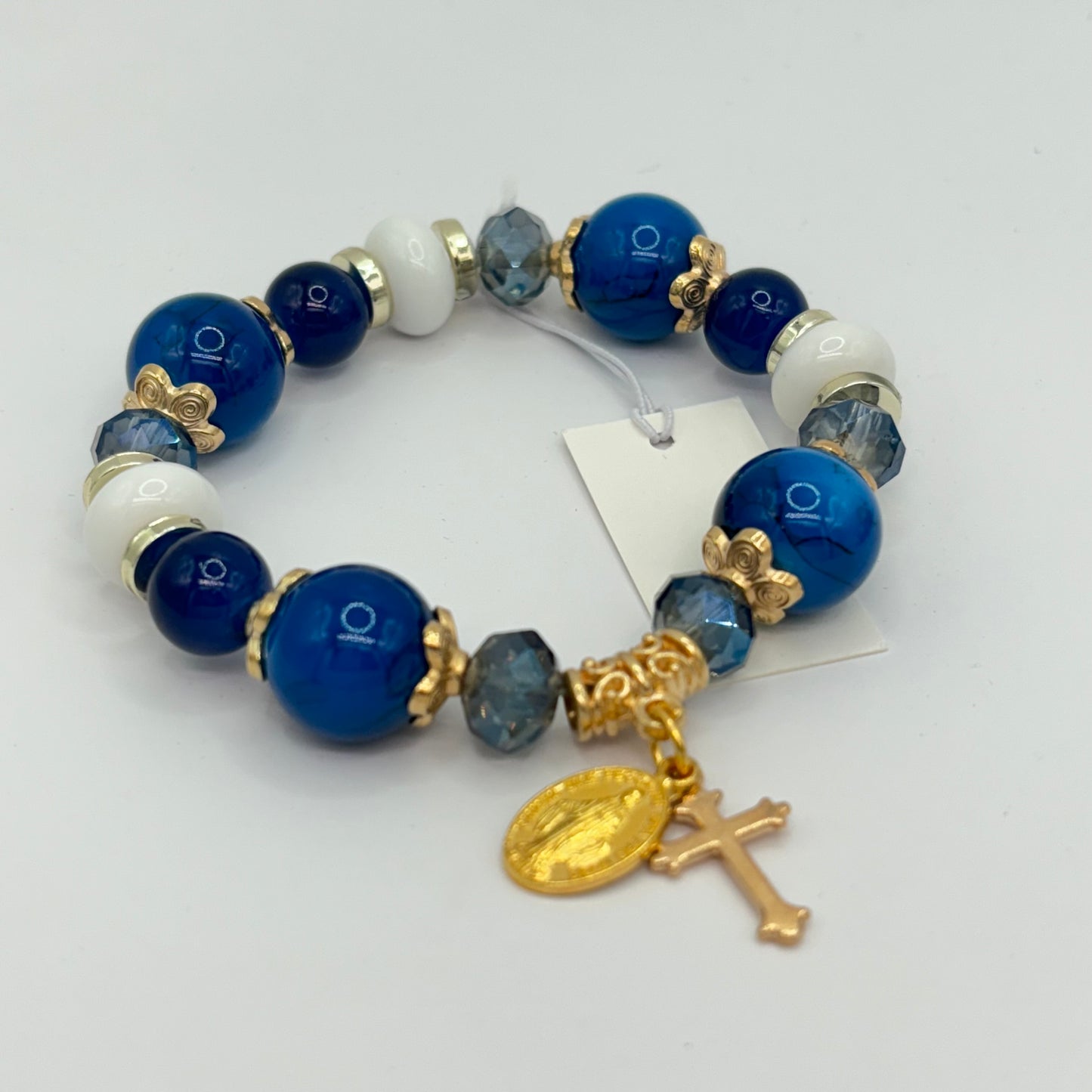 Bracelets - Navy, White, and Gold Stretch Bracelet with Cross and Lady of Grace Charms