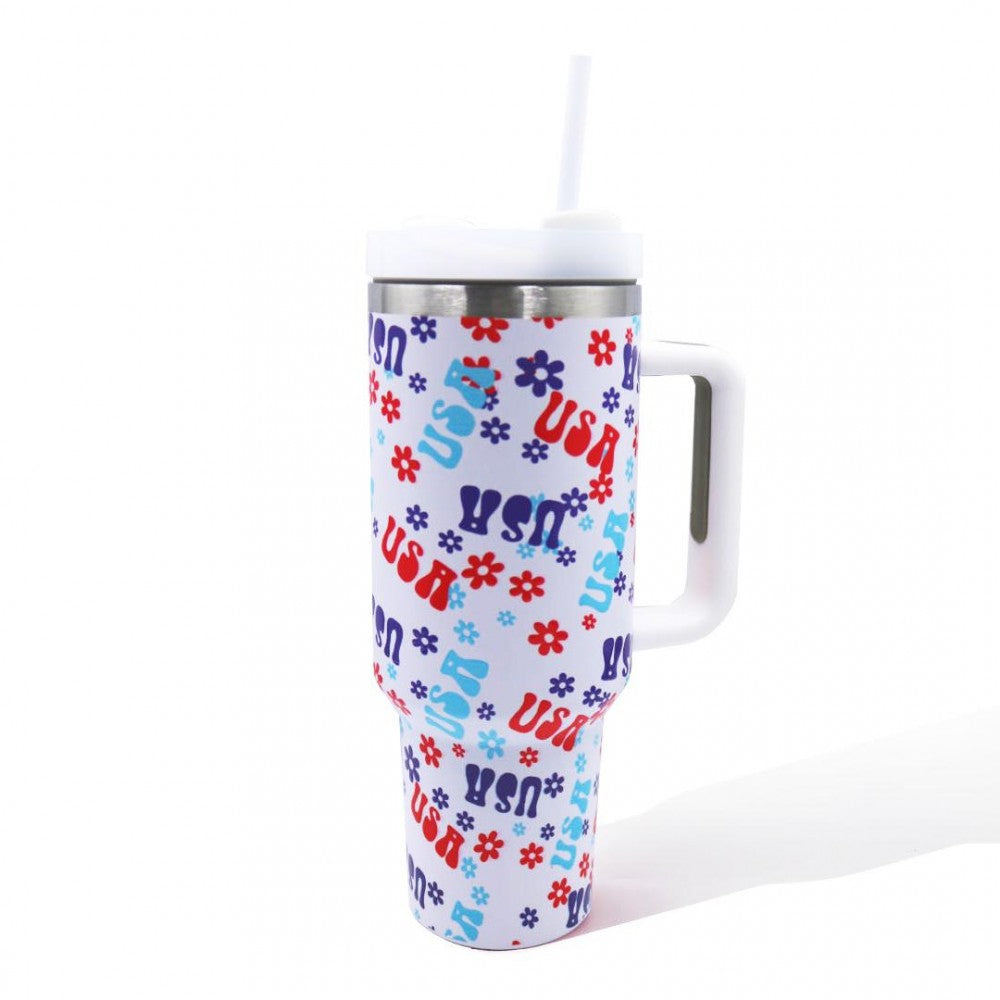Unbranded Retro USA and Flower Printed 40oz Double Wall Stainless Steel Vacuum Tumbler With Handle
