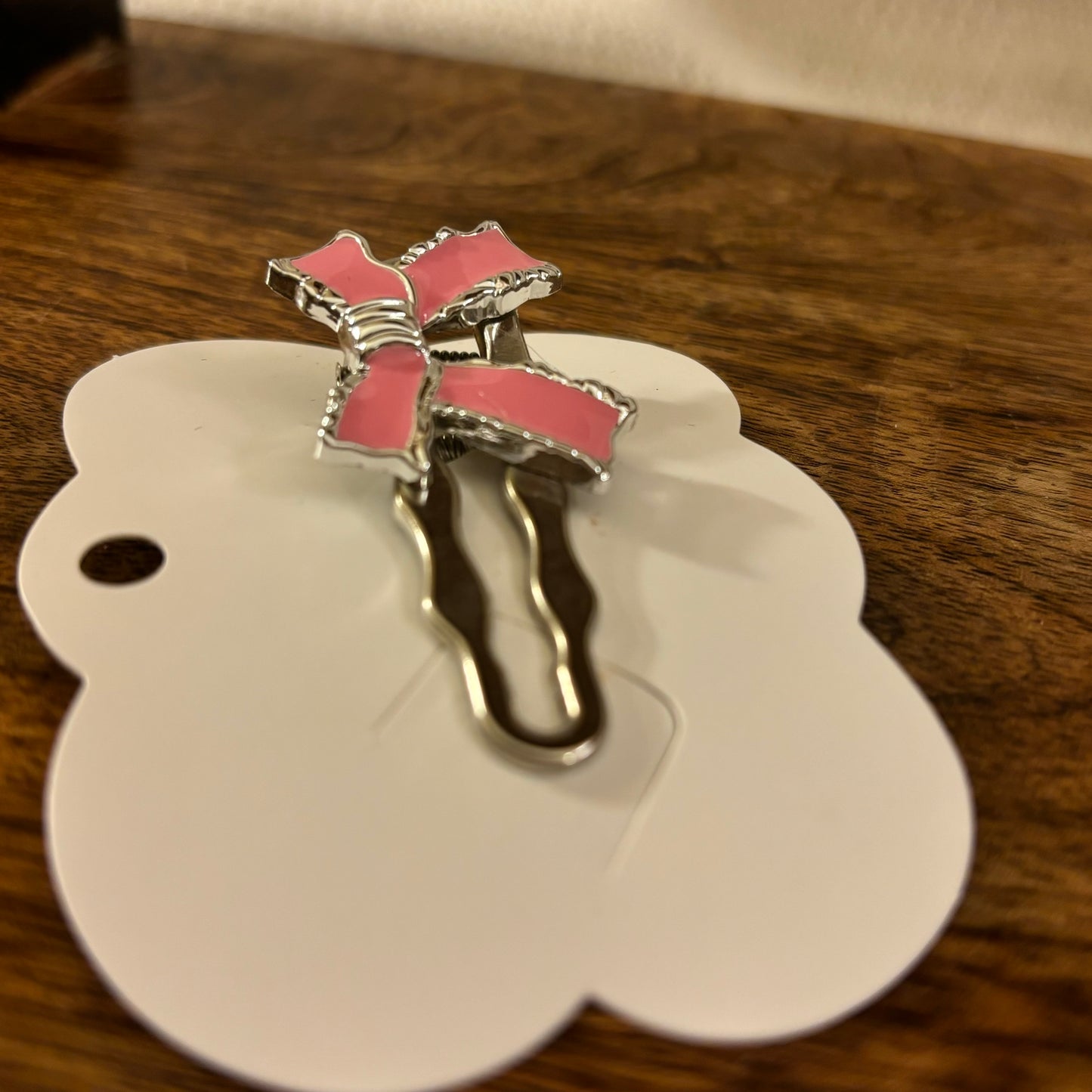 Silver Snap Back Barrette with Pink Enamel Bow