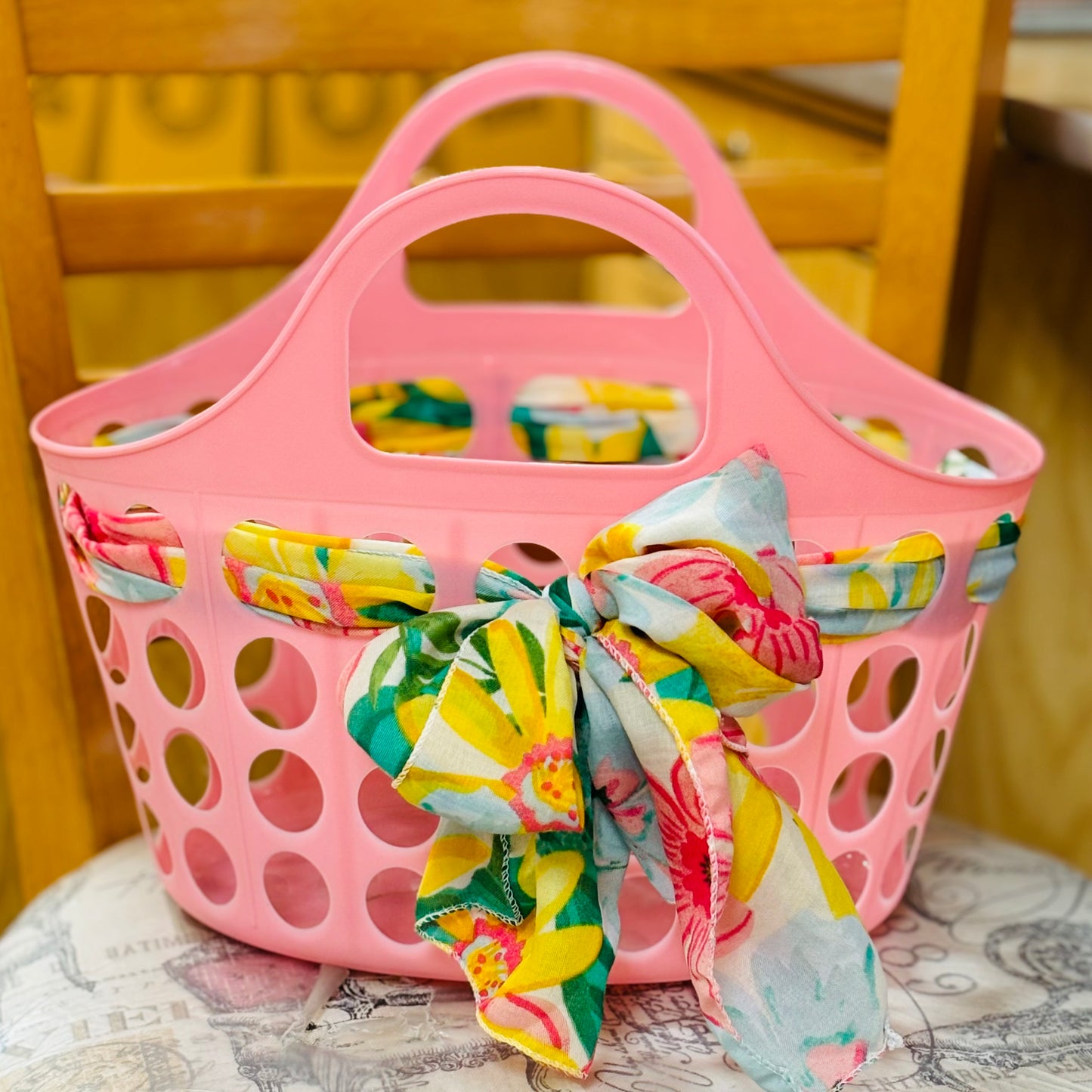 Pink Basket with Functional Scarf Threaded Through