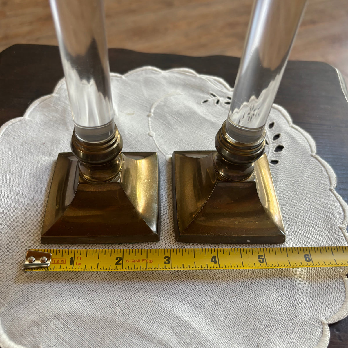 Pair of Brass and Lucite Candlesticks