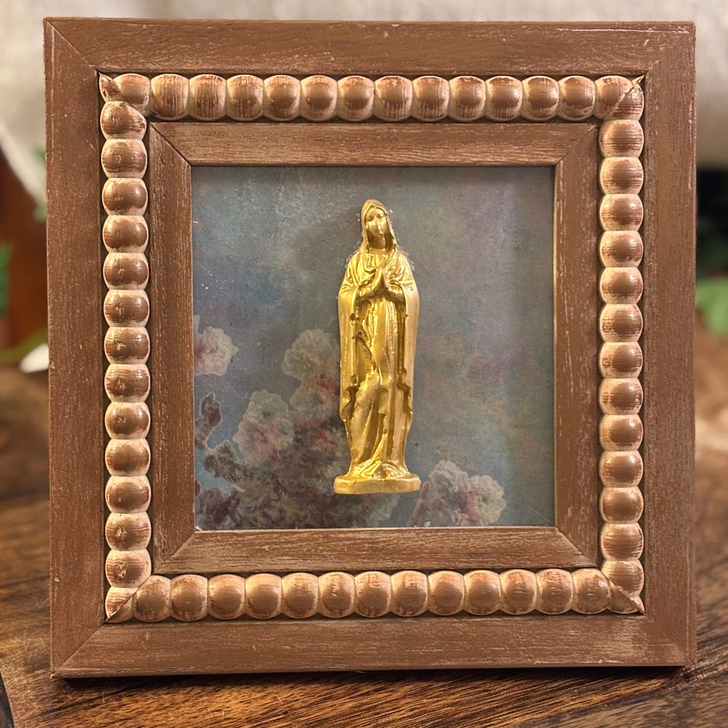 Casted Gold Virgin Mary on Beaded Wood Frame
