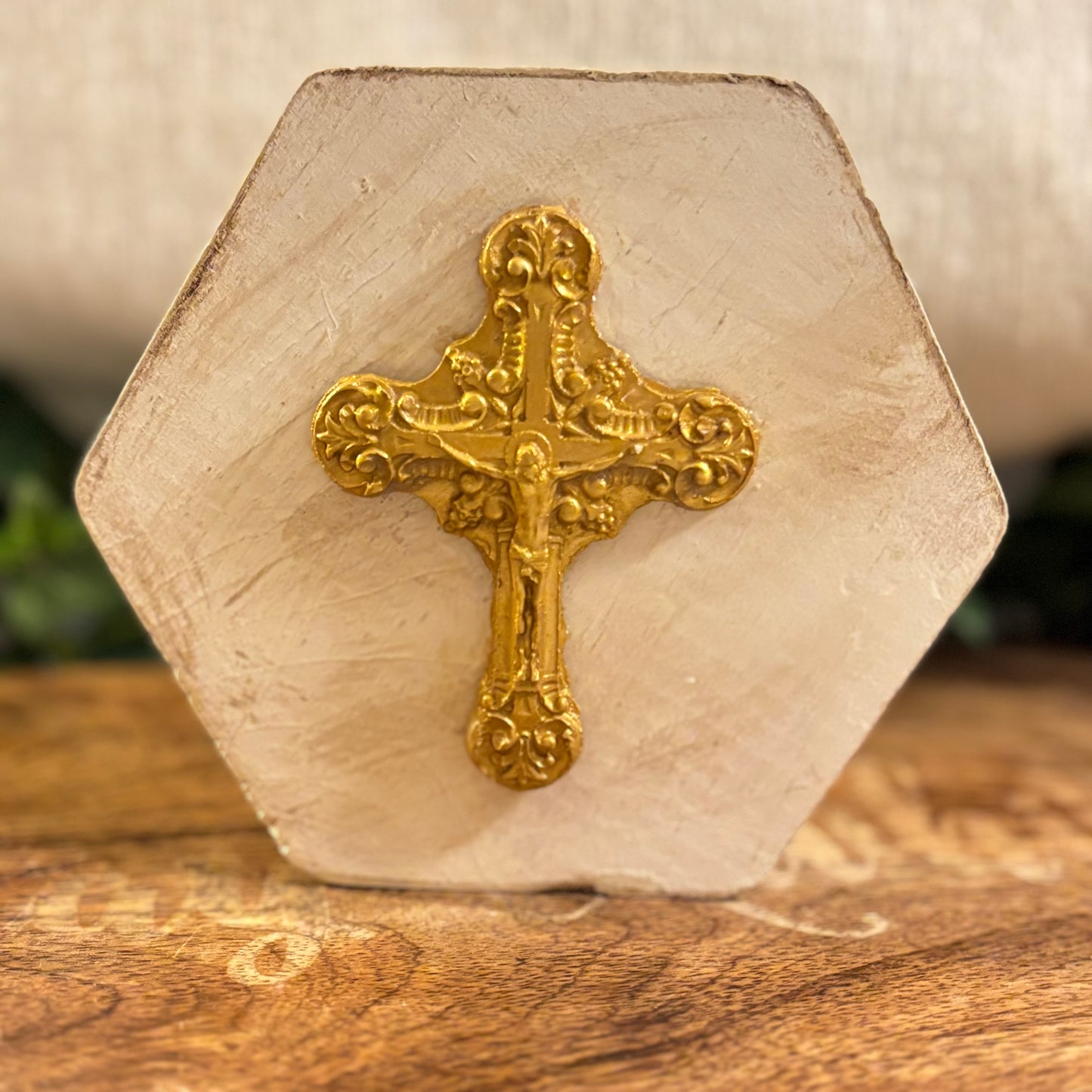Hand Casted Cross in Gold on 4.5” x 4.5” Wood Slat