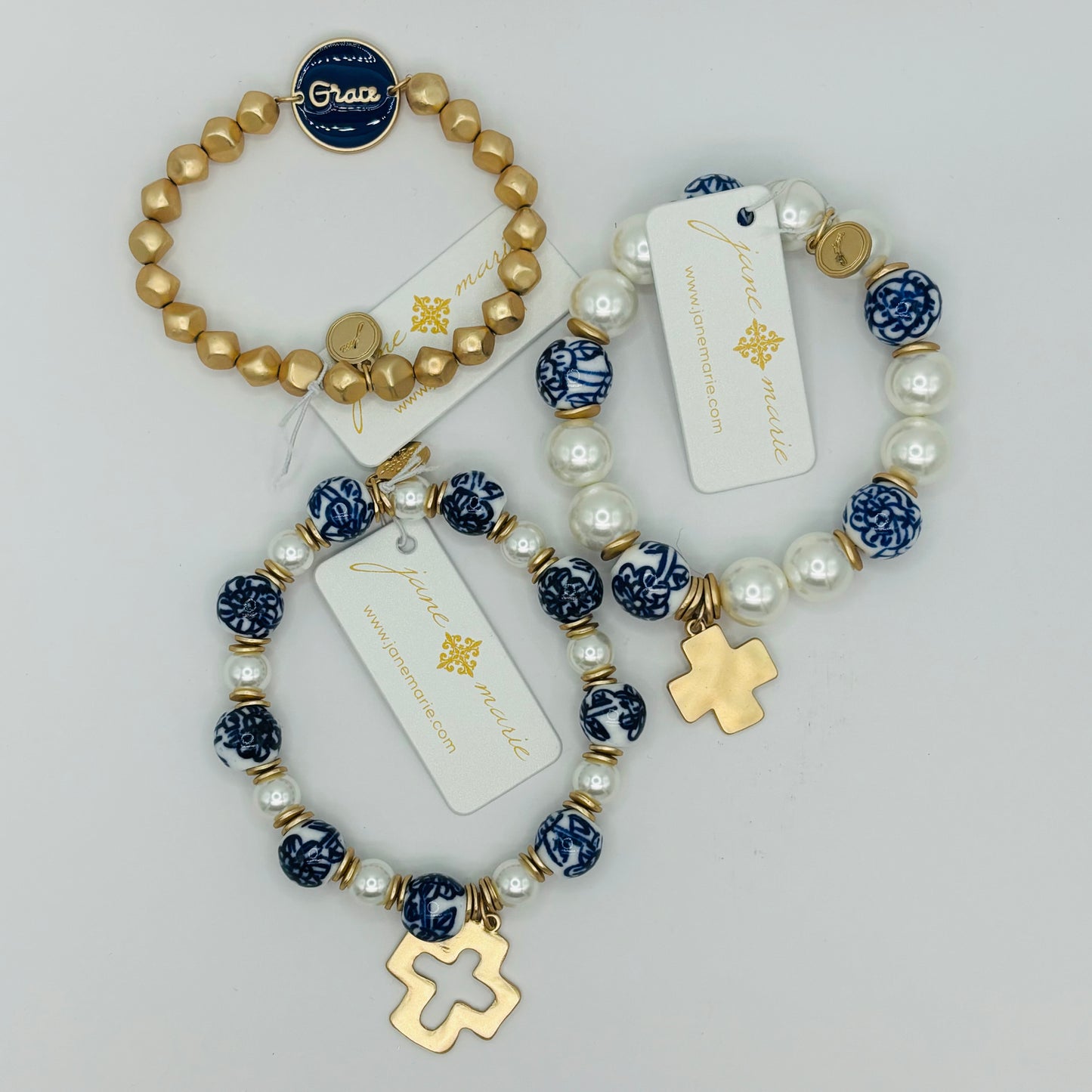 Square Cross on Pearl & Navy Blue Porcelain Beaded Bracelet • Grace Enamel Bracelet