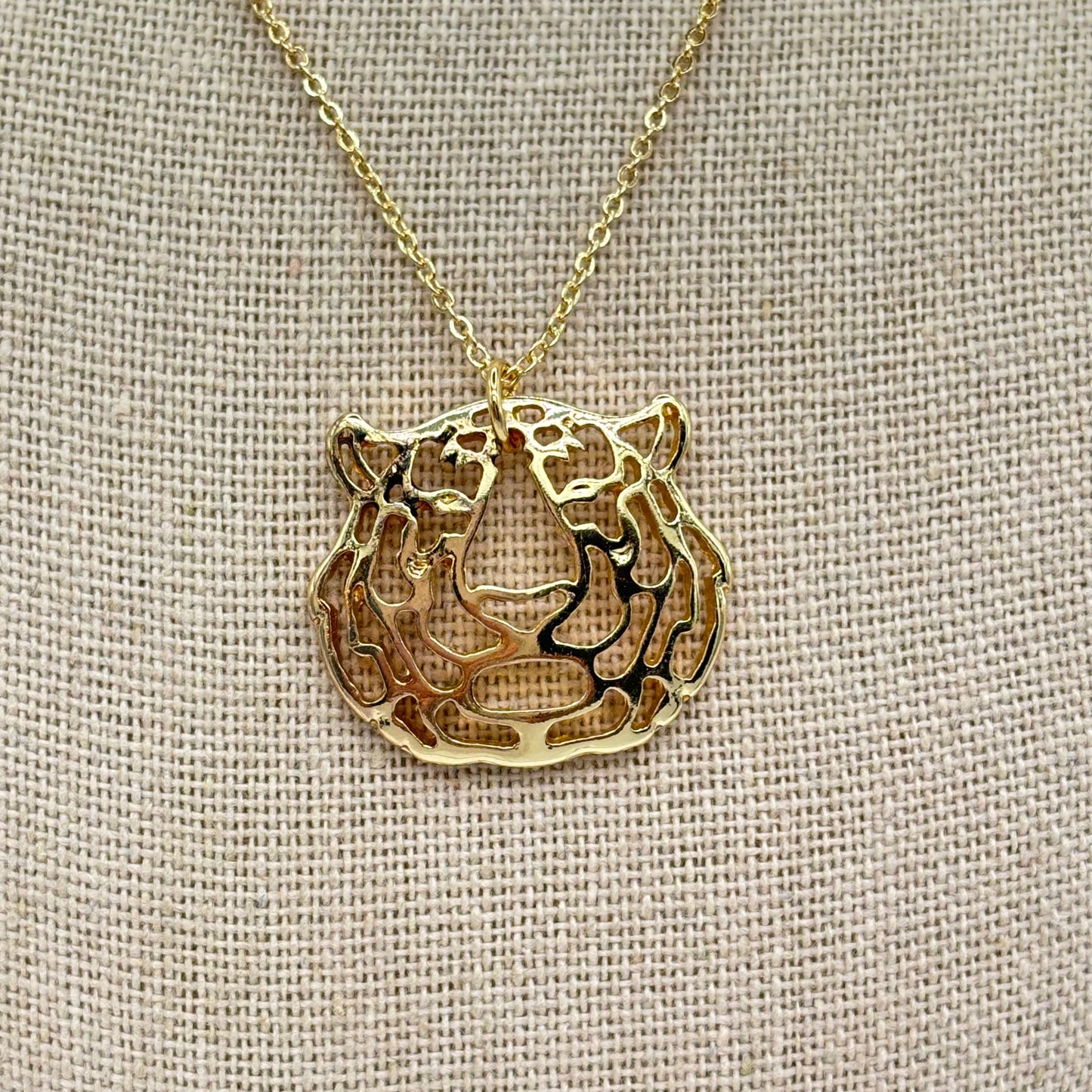 Tiger Pendant on 18” long Gold tone Necklace