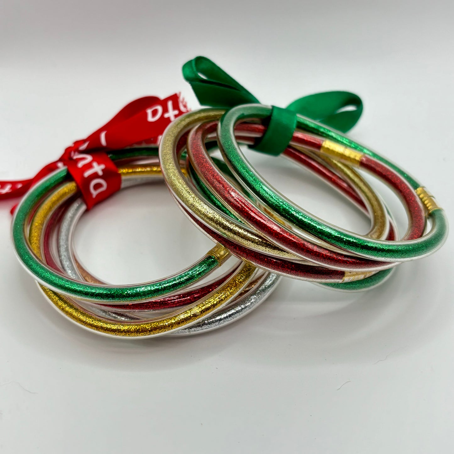 Christmas Glitter Jelly Bangle Bracelet Stacks • Green Ribbon